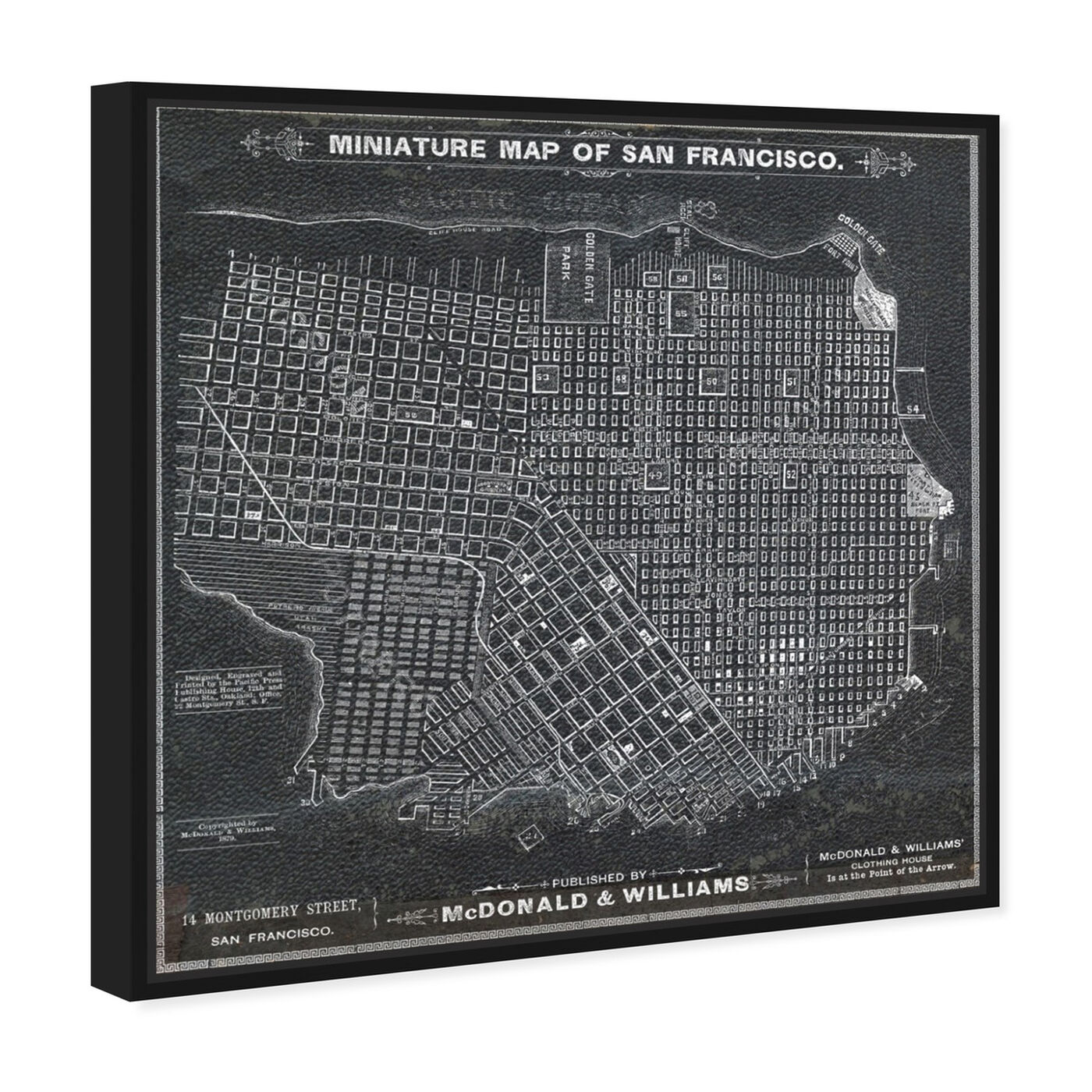 Angled view of San Francisco Map 1879 featuring maps and flags and us cities maps art.
