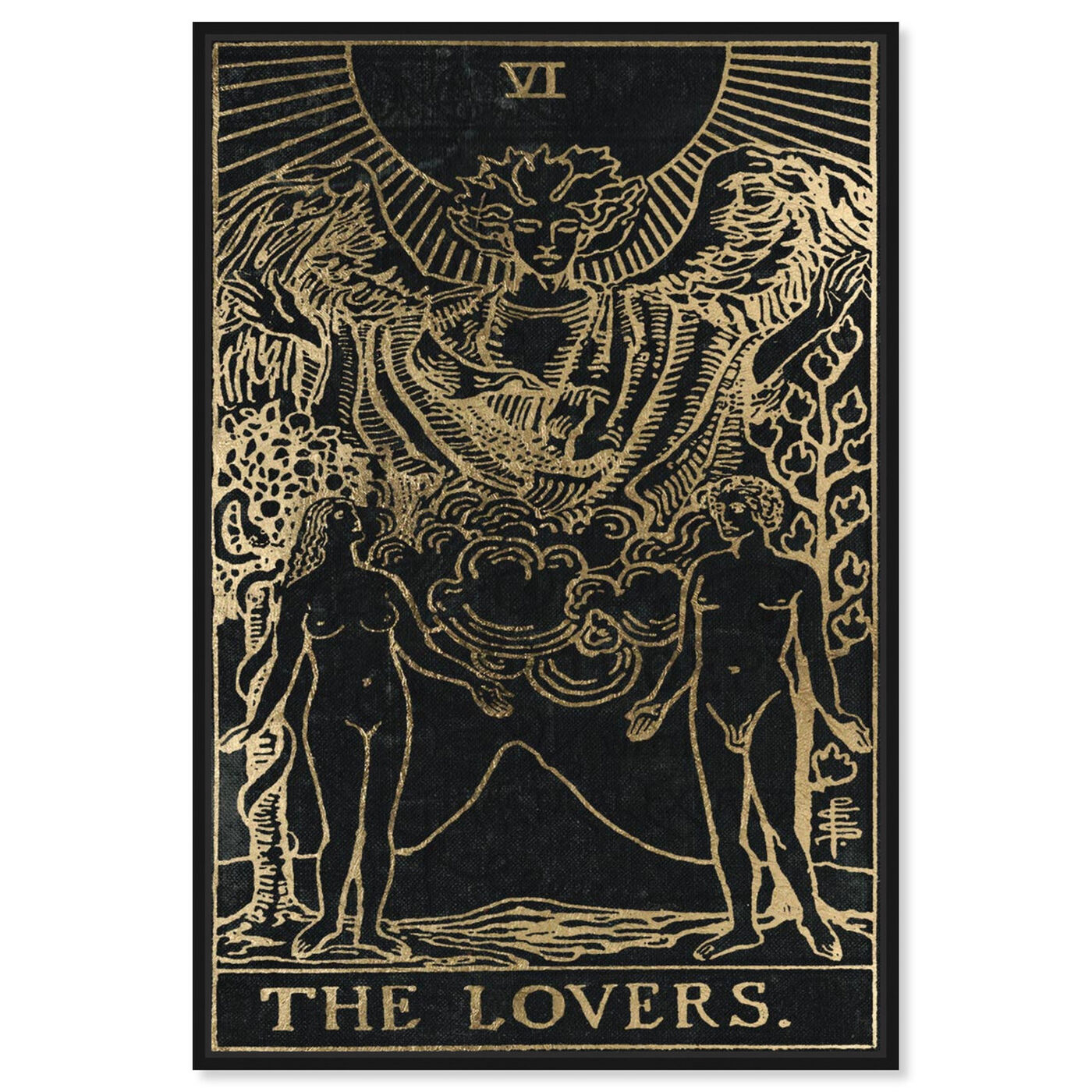 Front view of The Lovers Tarot Gold featuring spiritual and religious and zodiac art.
