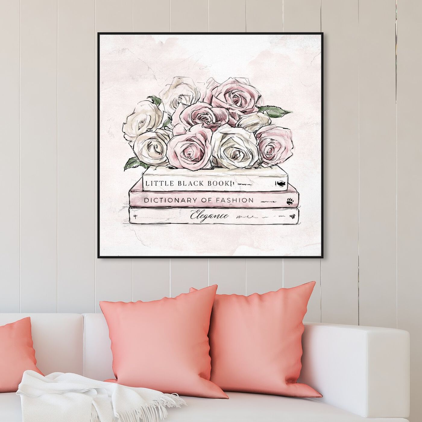 Hanging view of Roses and Books featuring fashion and glam and books art.