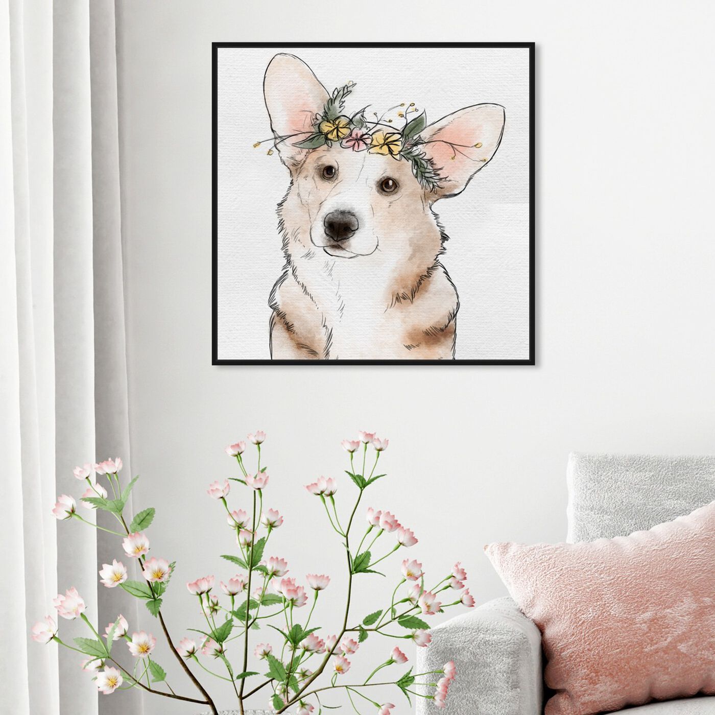 Hanging view of Floral Crown Corgi featuring animals and dogs and puppies art.
