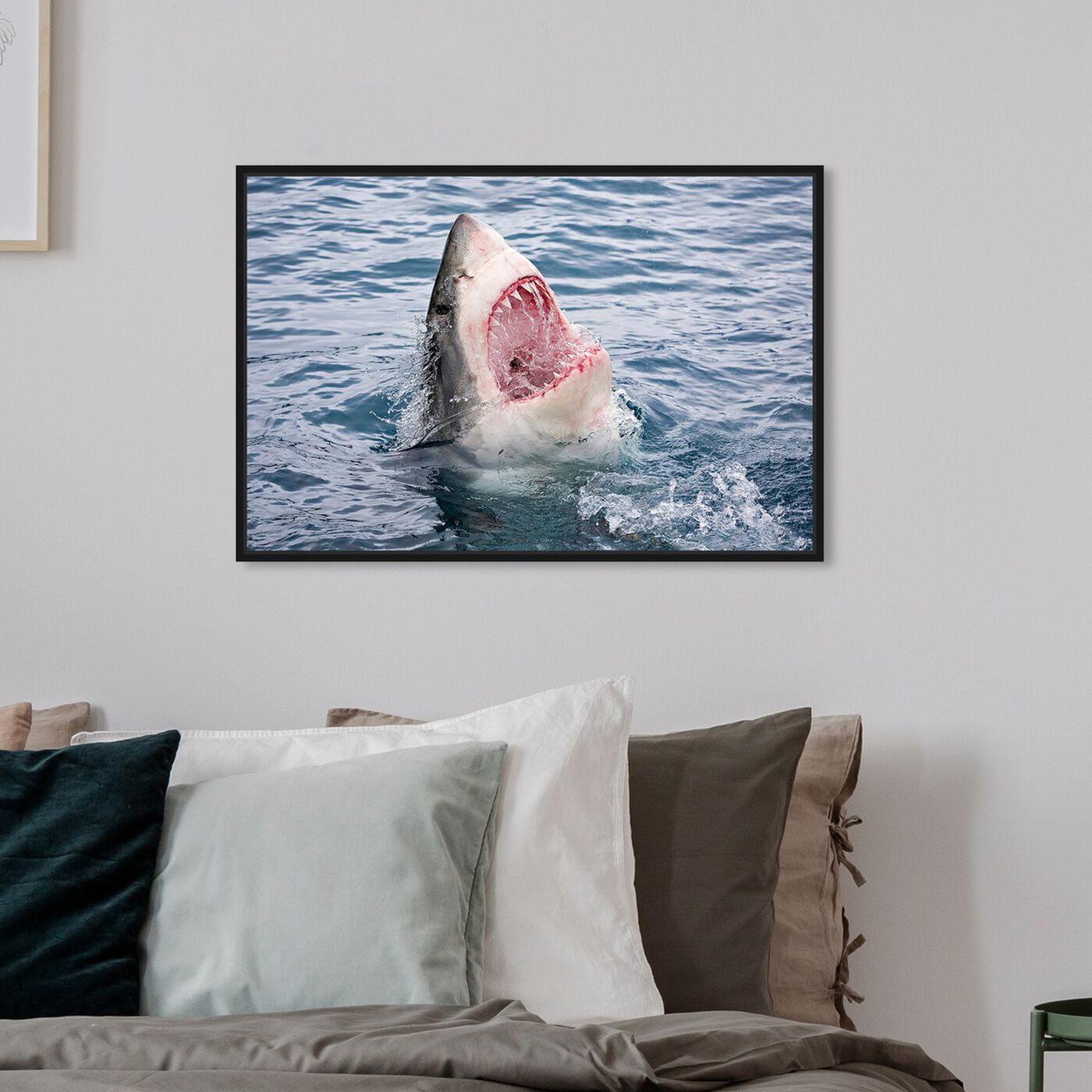 Hanging view of Geat White Shark Teeth by David Fleetham featuring animals and sea animals art.