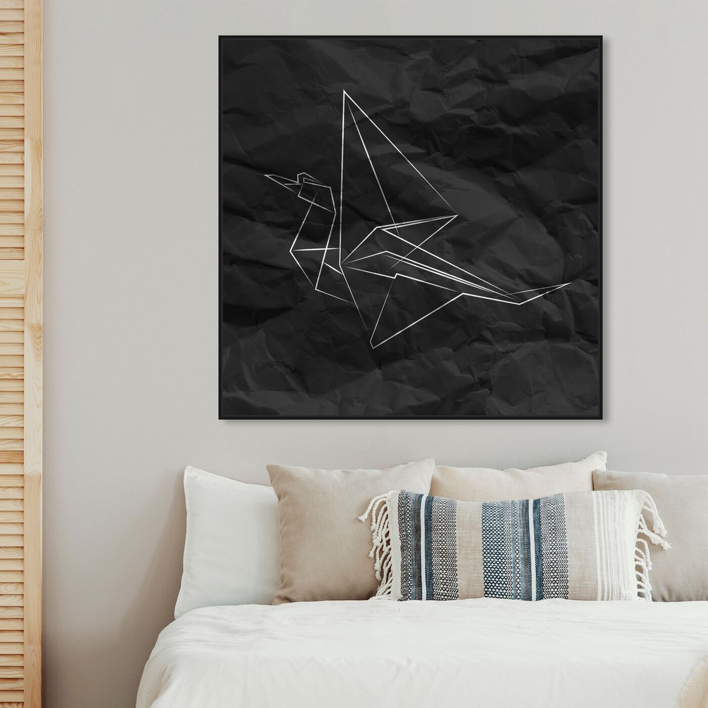 Hanging view of Origami Crane featuring abstract and geometric art.