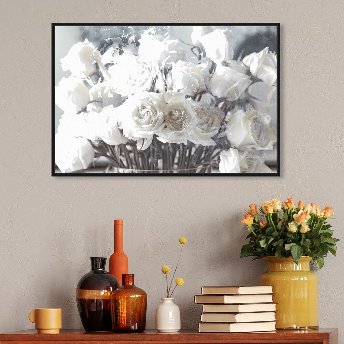 Hanging view of Rose Gold Feast Grey featuring floral and botanical and florals art.