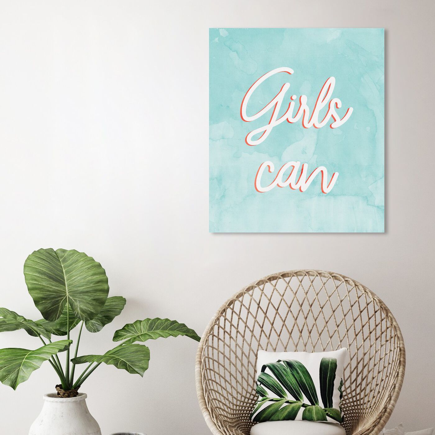 Hanging view of Girls Can Mint featuring typography and quotes and empowered women quotes and sayings art.