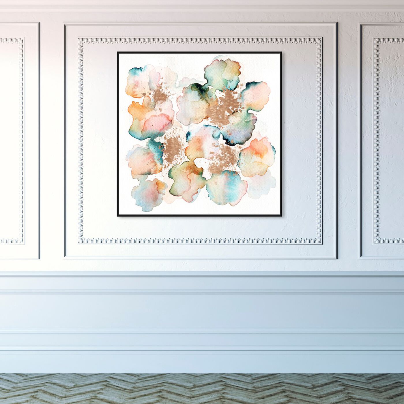 Hanging view of Rose Gold Garden featuring abstract and watercolor art.