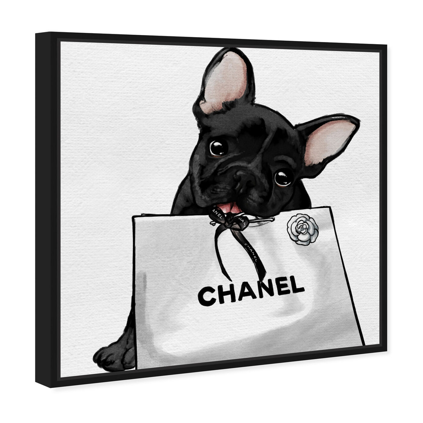 Angled view of Frenchie Glam White Bag featuring animals and dogs and puppies art.