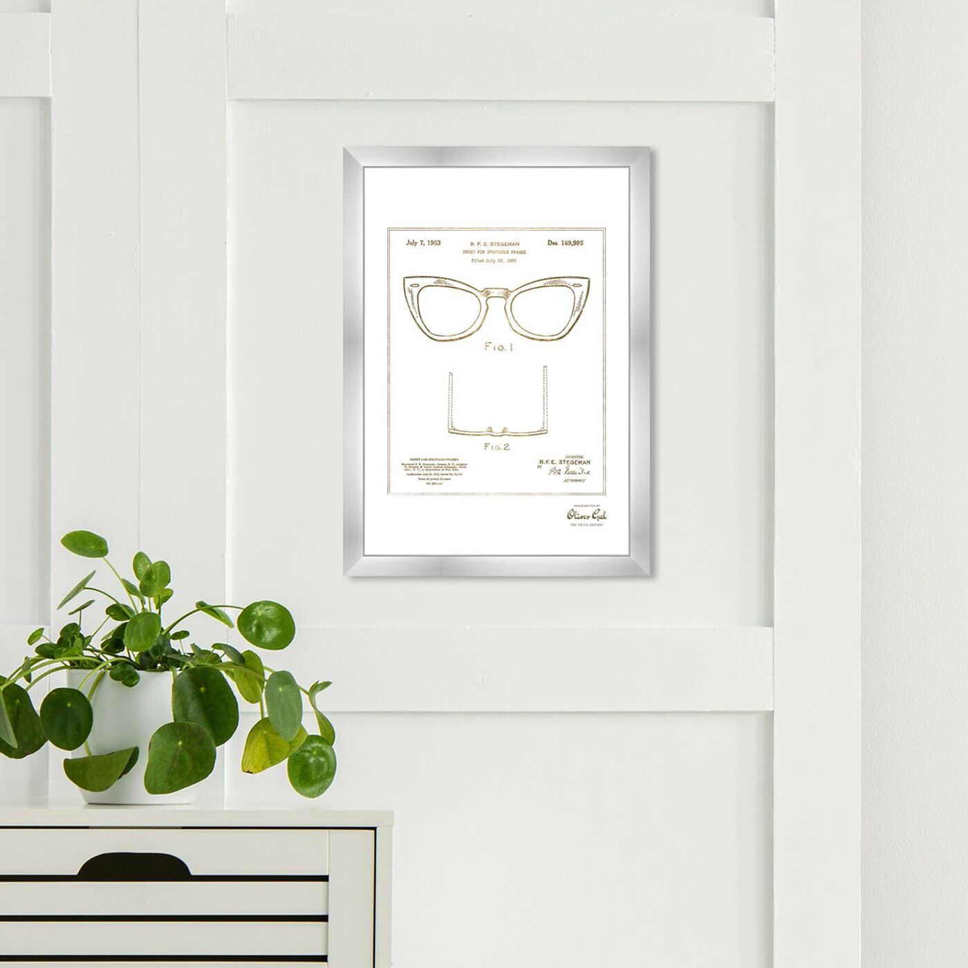 Hanging view of Ray-Ban Wayfarer SPECTACLE FRAMES 1953 Gold featuring fashion and glam and accessories art.