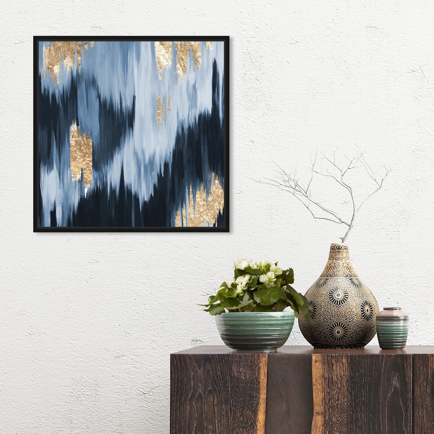Hanging view of Gold Blue Fall featuring abstract and paint art.