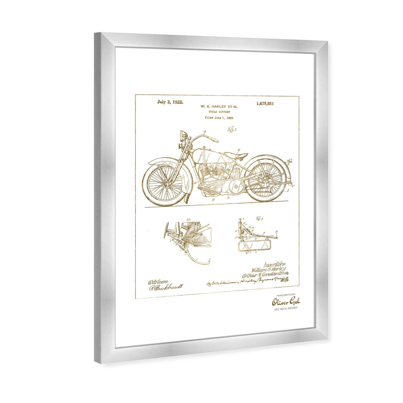 Angled view of Harley, 1928 - Gold featuring transportation and motorcycles art.