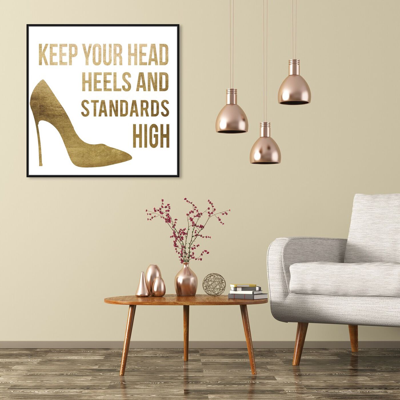 Hanging view of Head and Heels Gold Foil featuring typography and quotes and fashion quotes and sayings art.