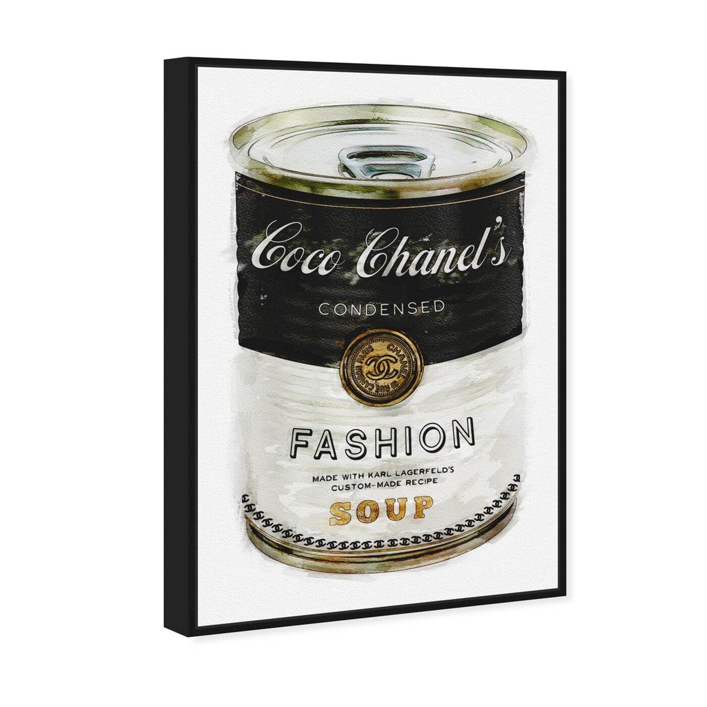 Angled view of Fashion Soup featuring fashion and glam and soup can art.