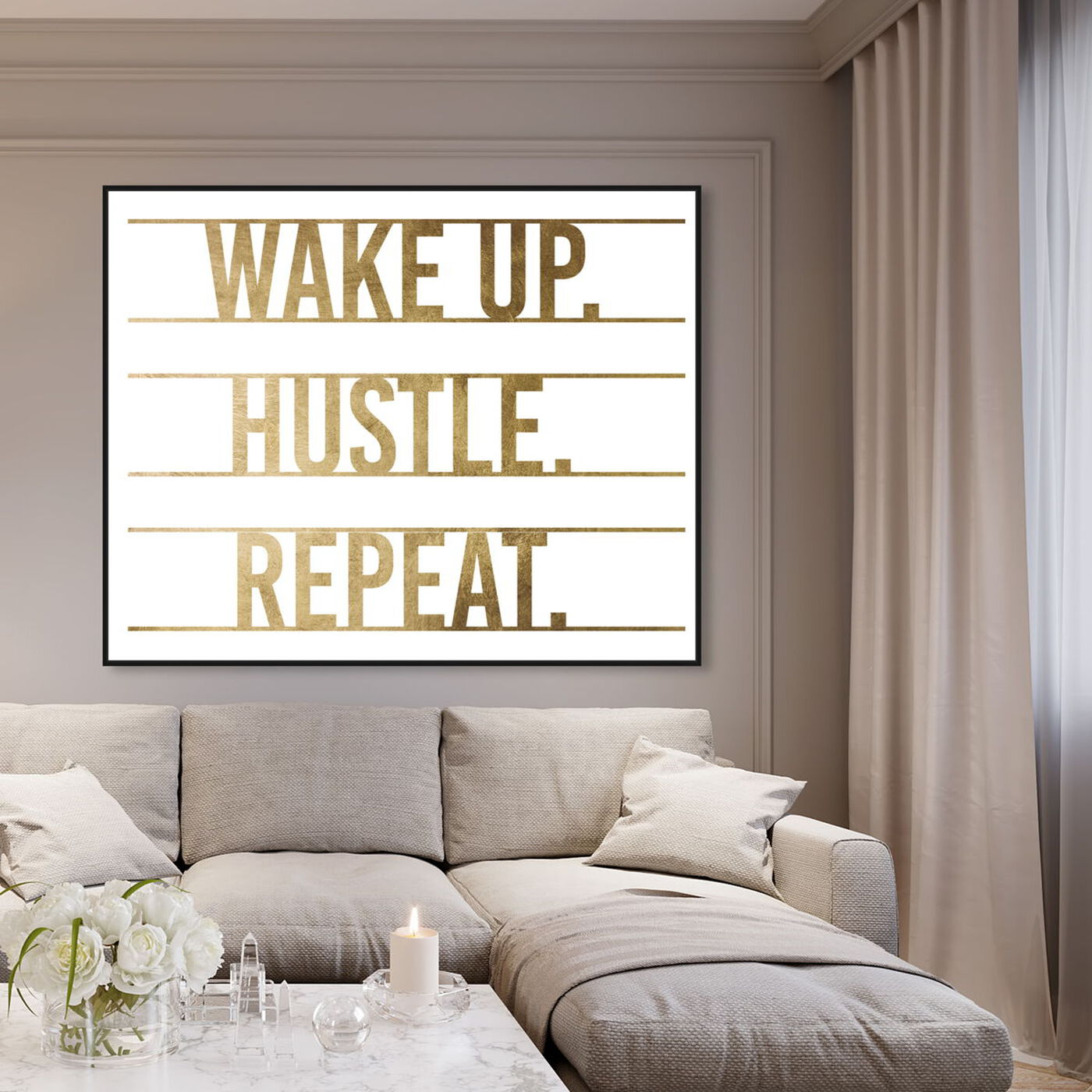 Hanging view of Hustle and Repeat featuring typography and quotes and inspirational quotes and sayings art.