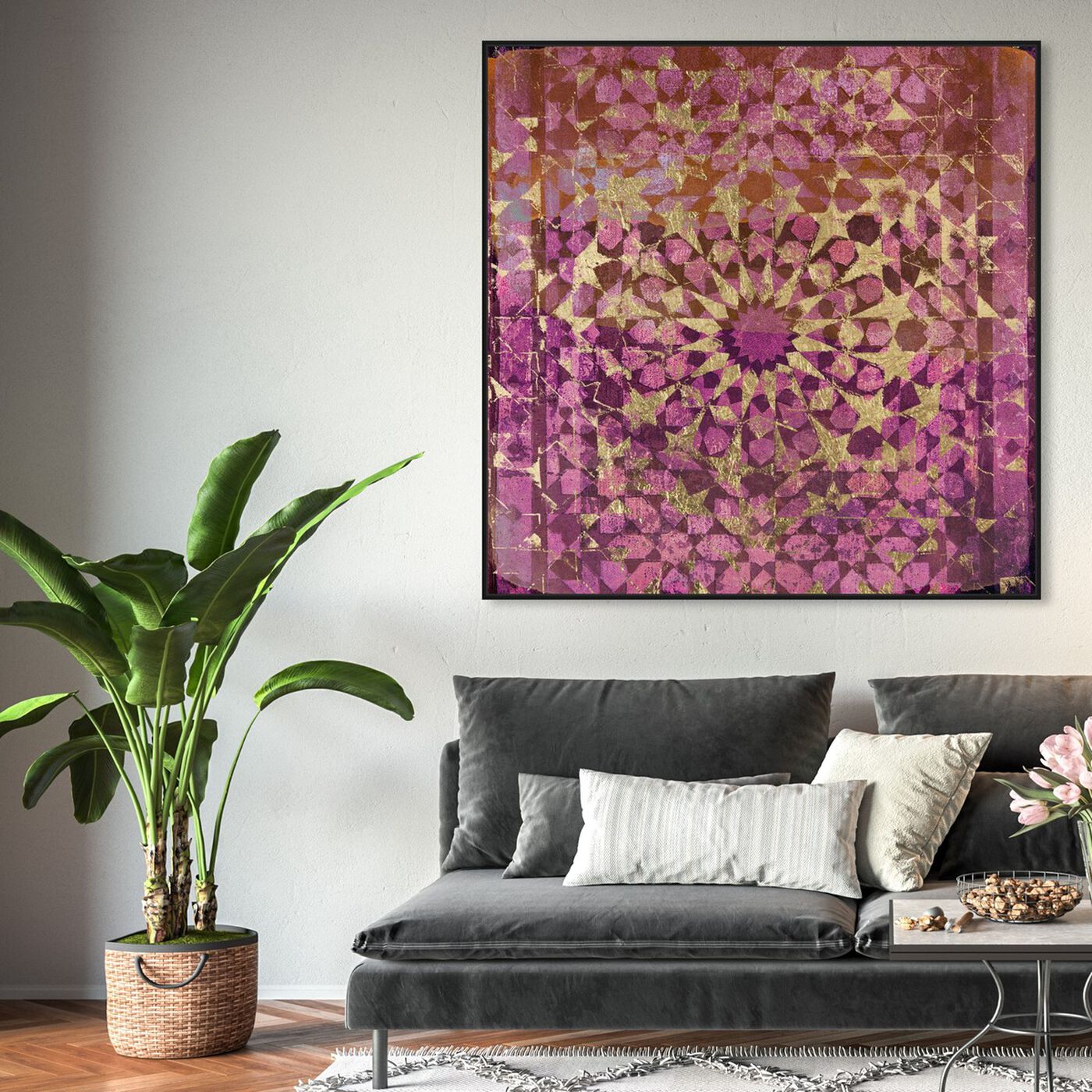Hanging view of Wine Veranda in Gold featuring abstract and patterns art.