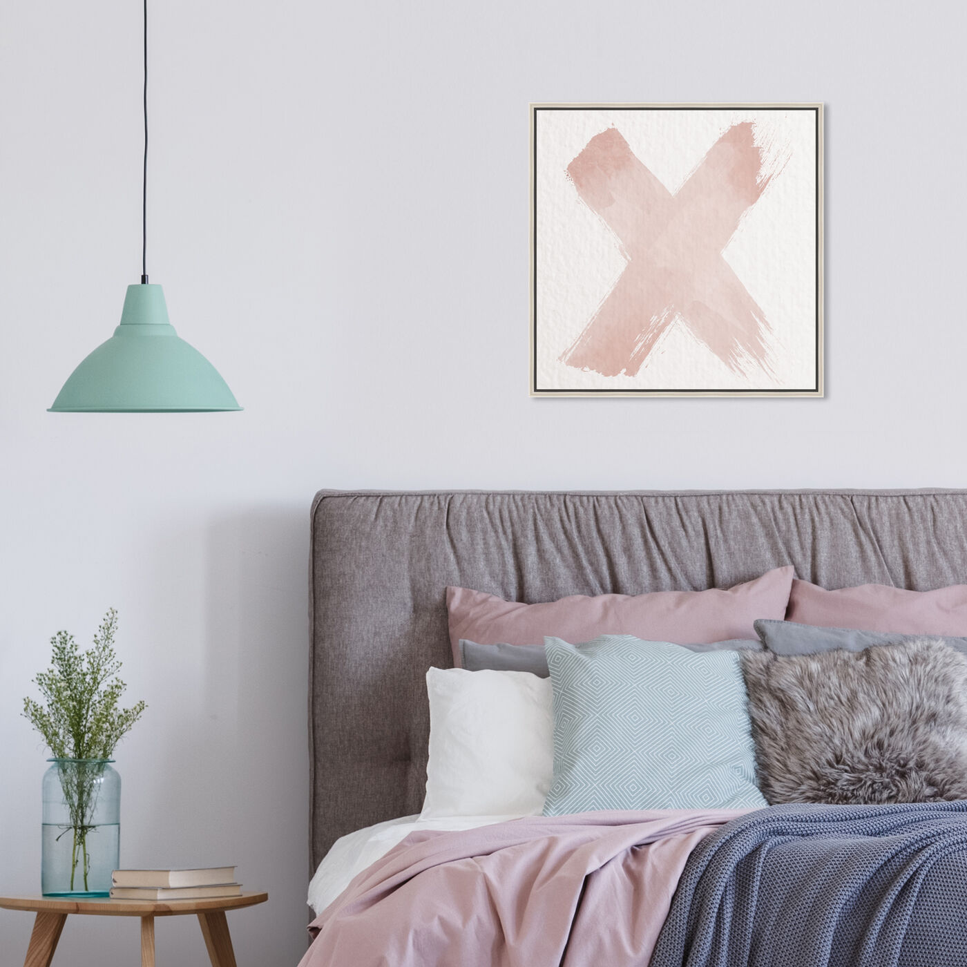 Hanging view of X of XO Blush featuring typography and quotes and letters and calligraphy art.
