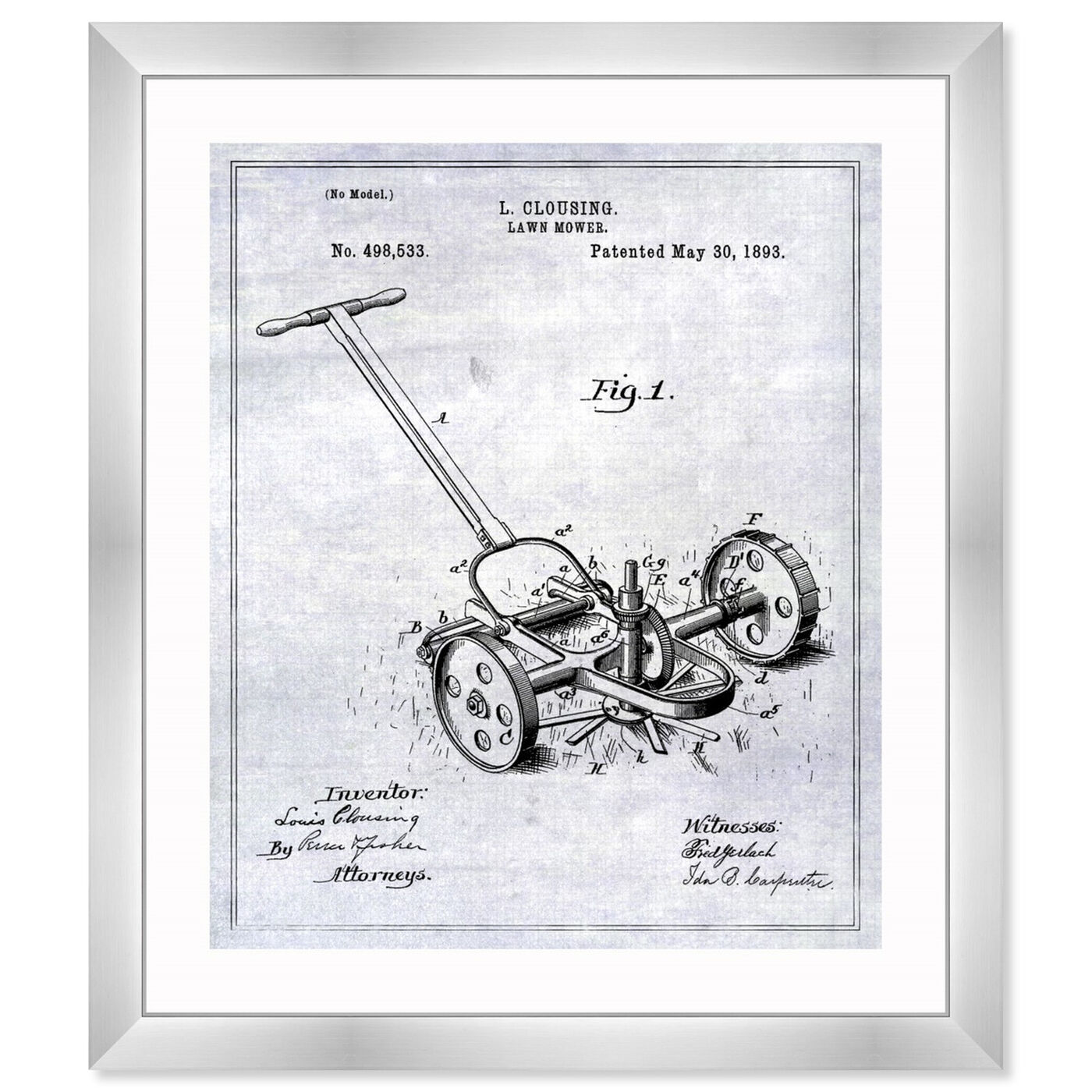 Front view of Lawn-Mower 1893 featuring symbols and objects and gardens art.