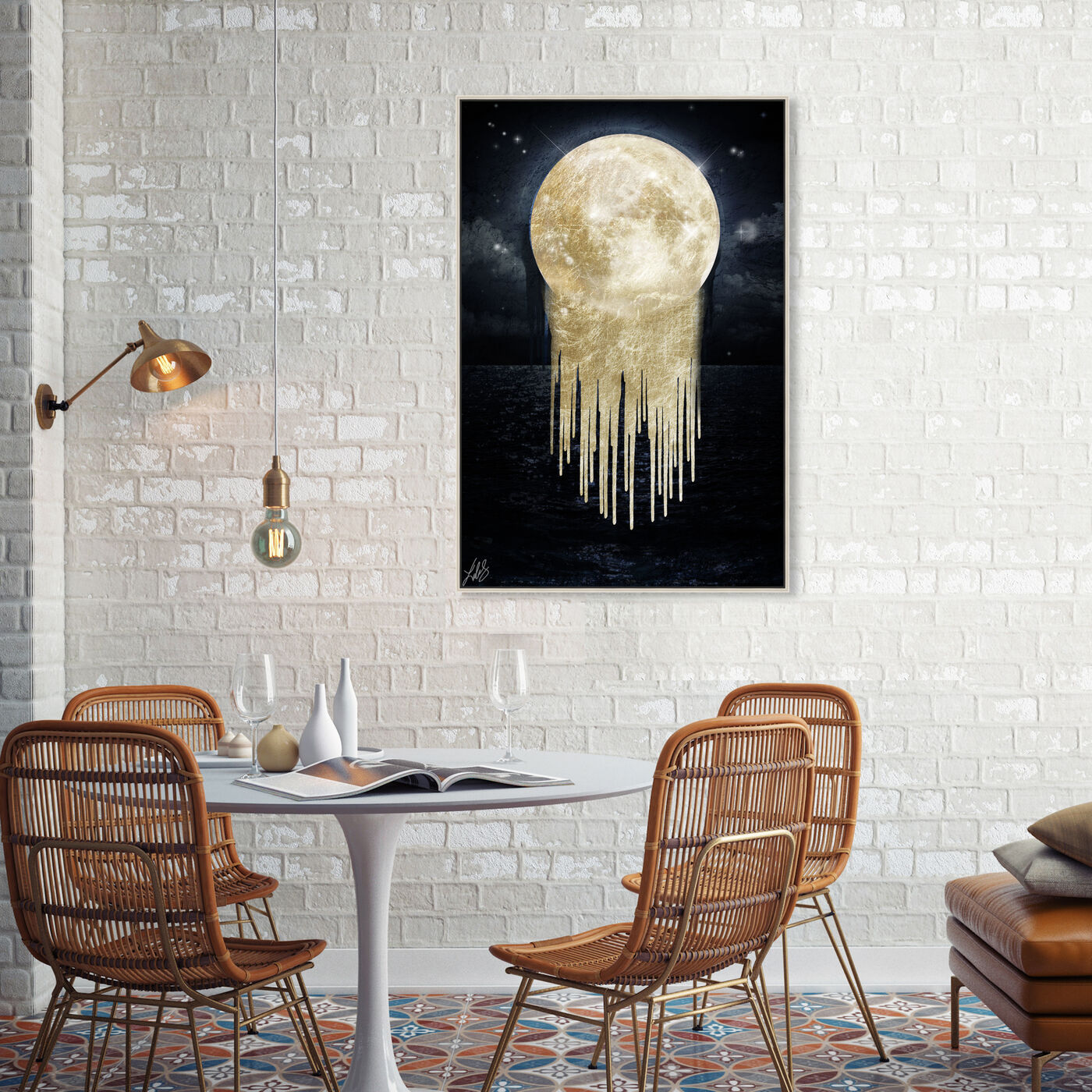 Hanging view of Solid Gold Heart Moon featuring astronomy and space and moons art.