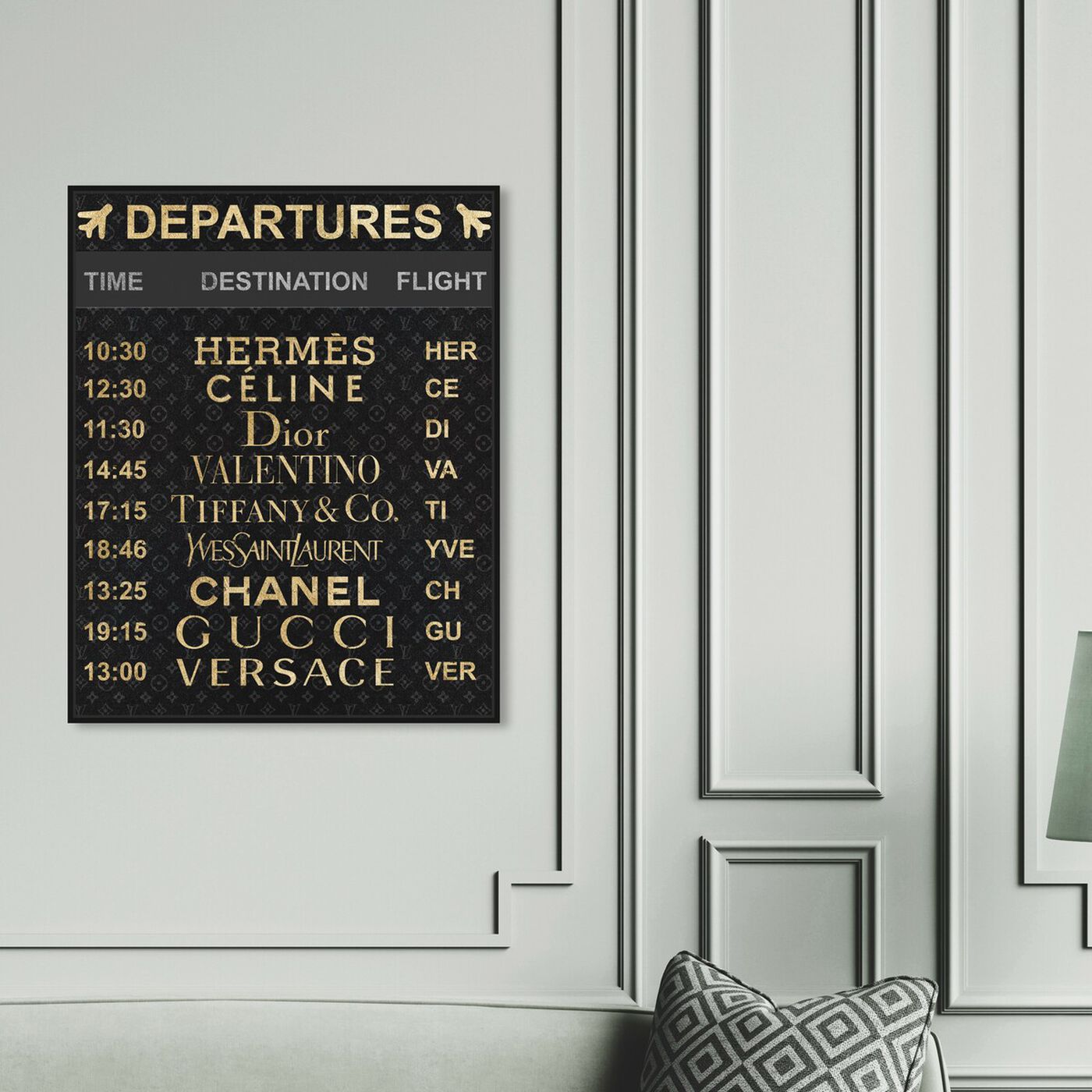 Hanging view of Luxe Departures featuring fashion and glam and travel essentials art.