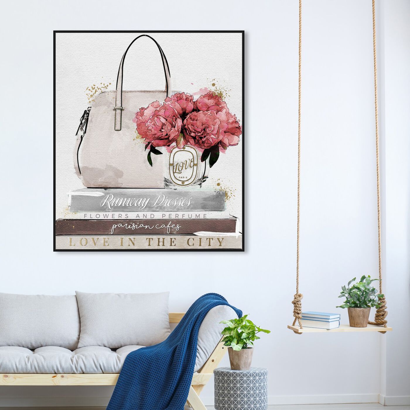 Hanging view of Purse Flowers and Reading Books in Fall featuring fashion and glam and handbags art.