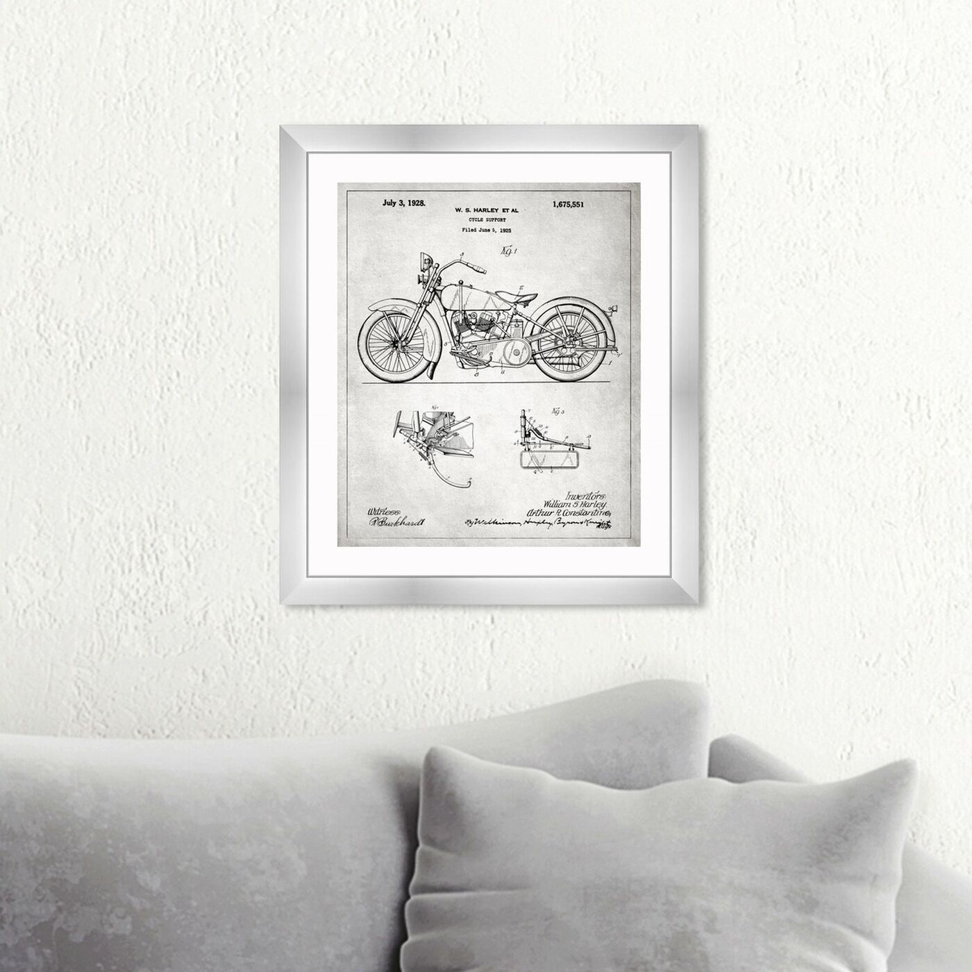 Hanging view of Harley, 1928 - Gray featuring transportation and motorcycles art.