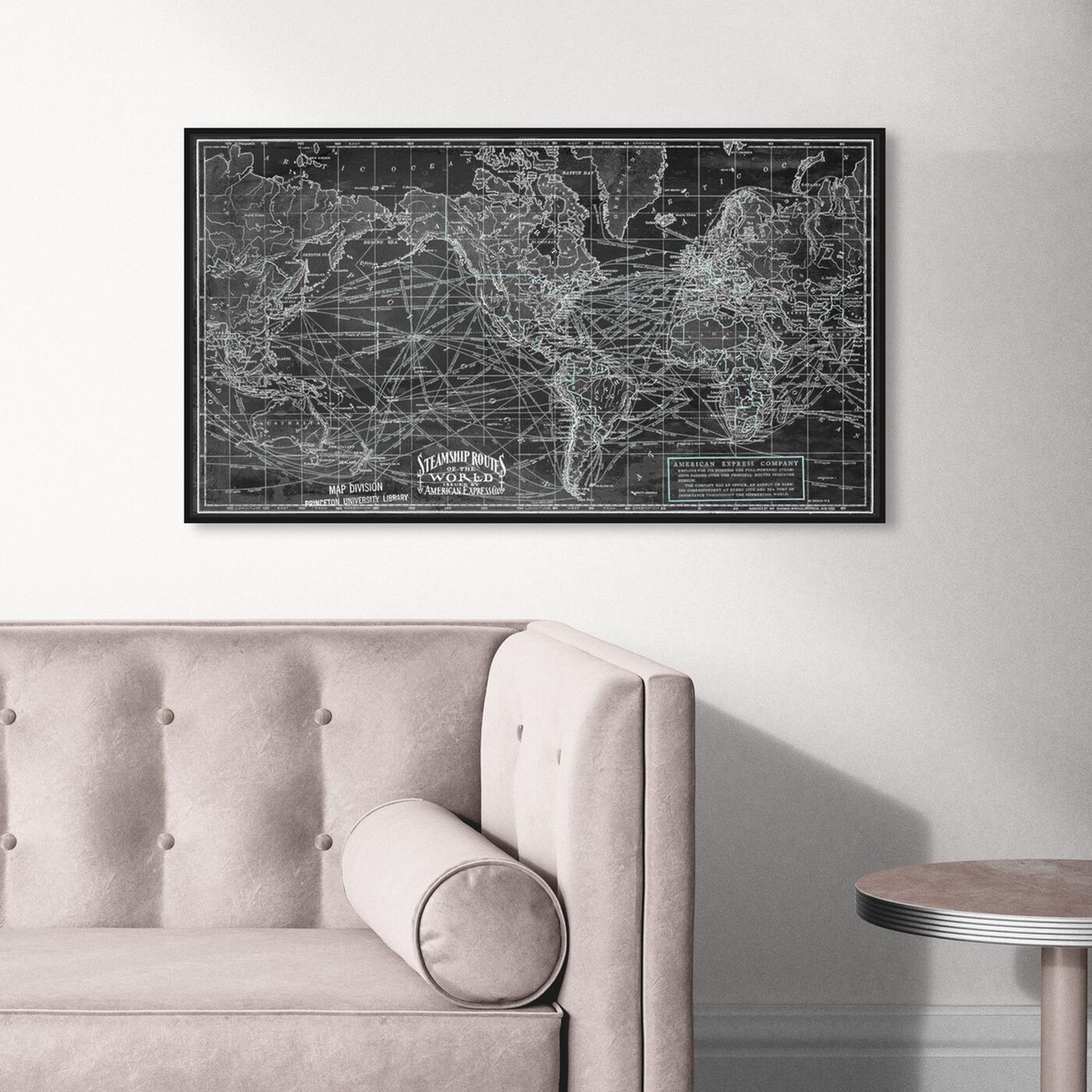 Hanging view of Steamship Routes of the World featuring maps and flags and world maps art.