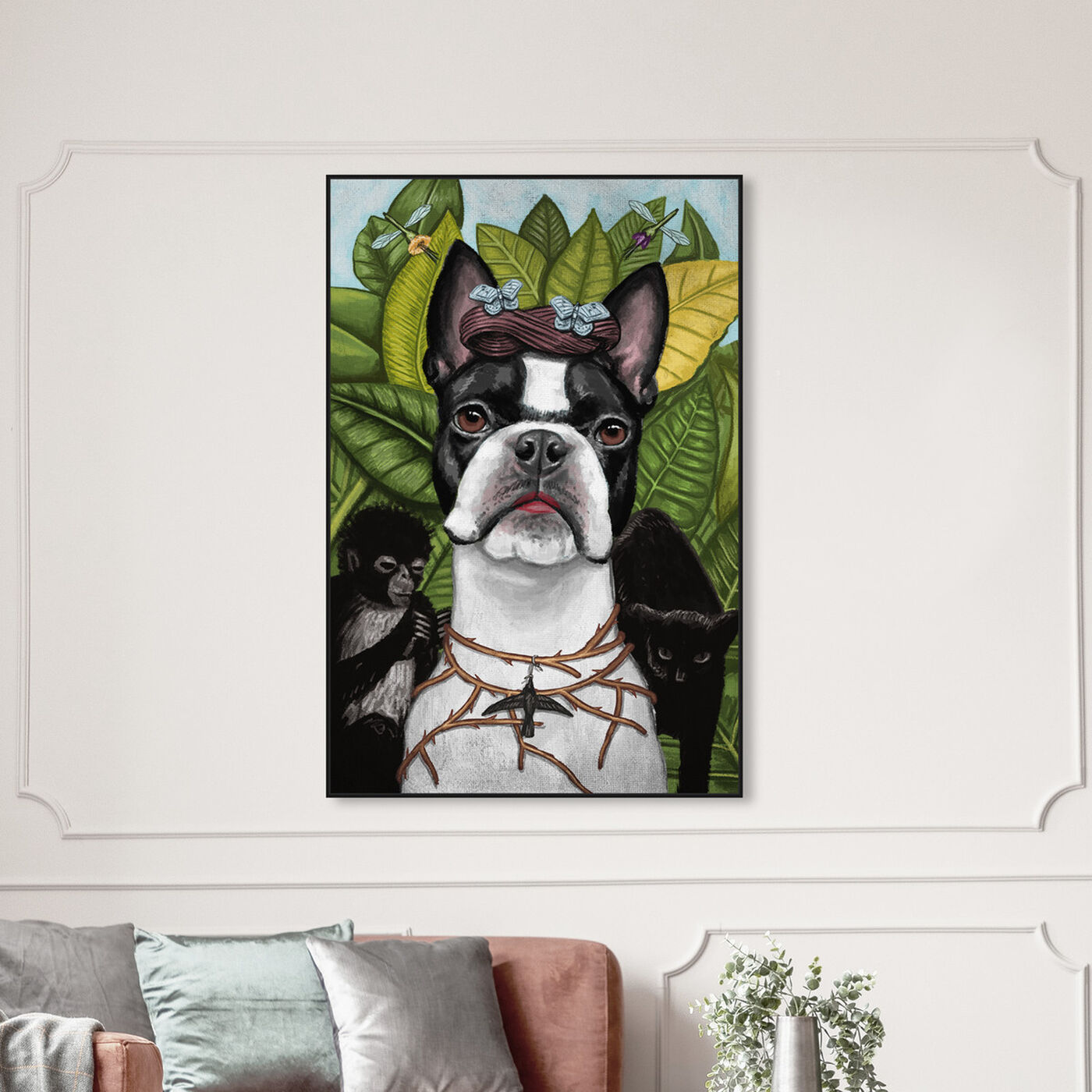 Hanging view of Frida featuring animals and dogs and puppies art.