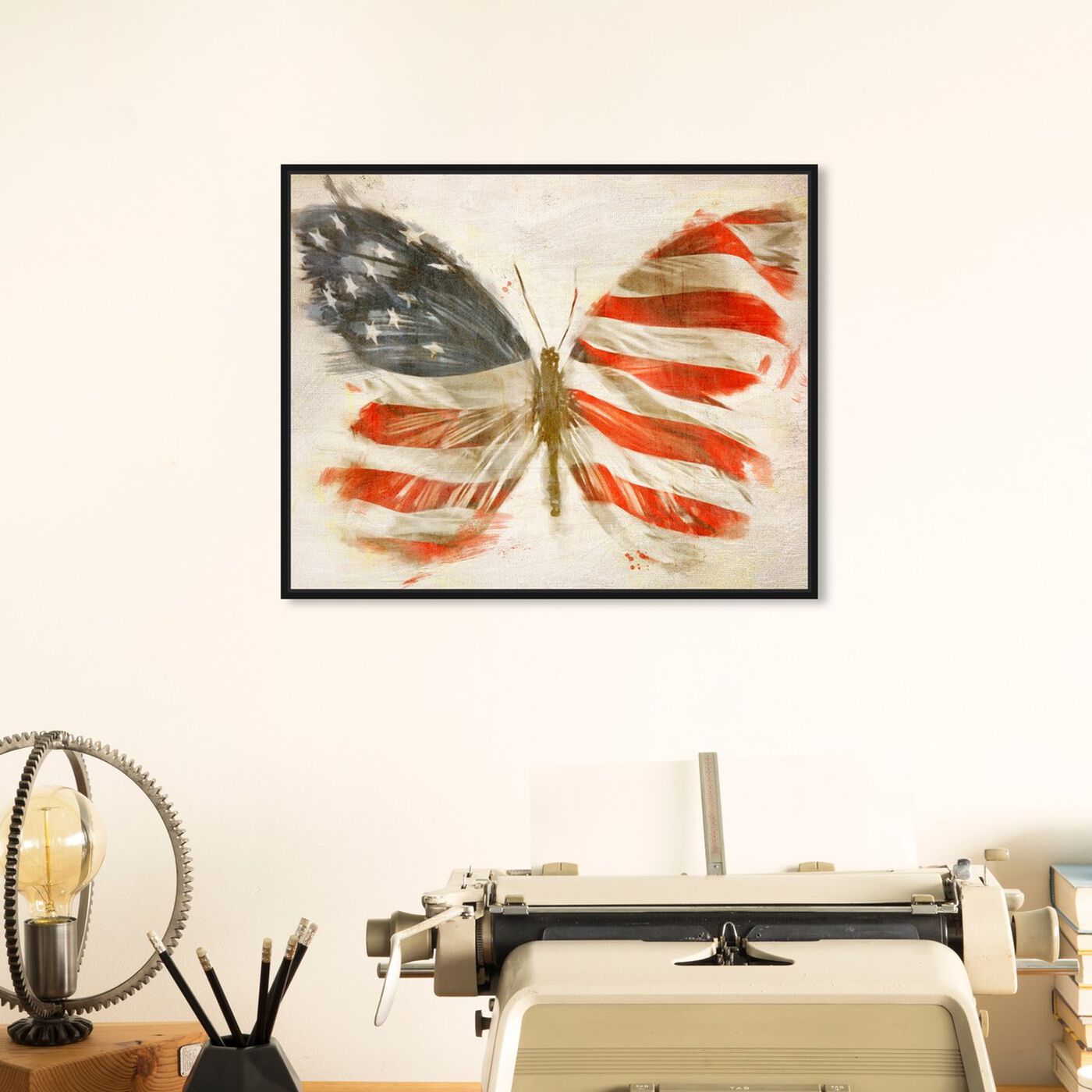 Hanging view of American Butterfly featuring maps and flags and american countries flags art.