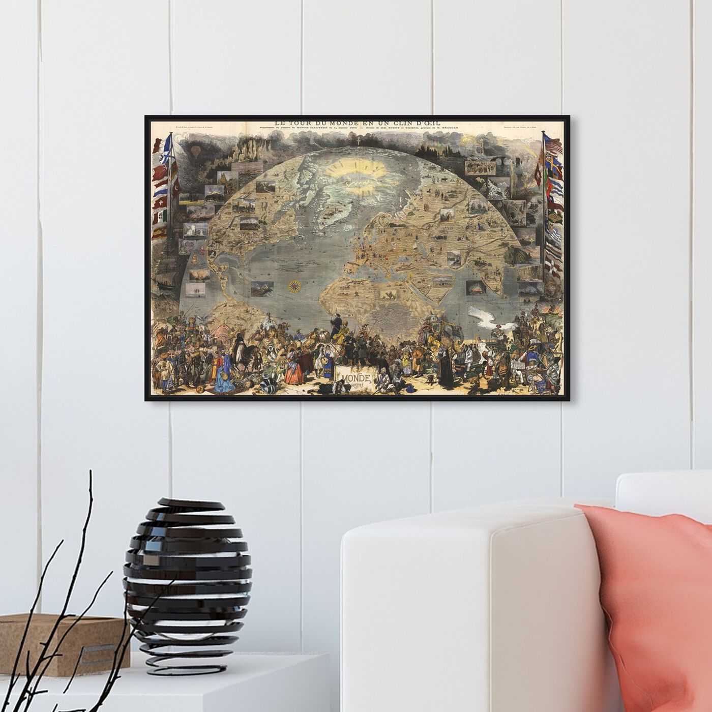 Hanging view of Le Tour De Monde Map 1876 featuring classic and figurative and renaissance art.