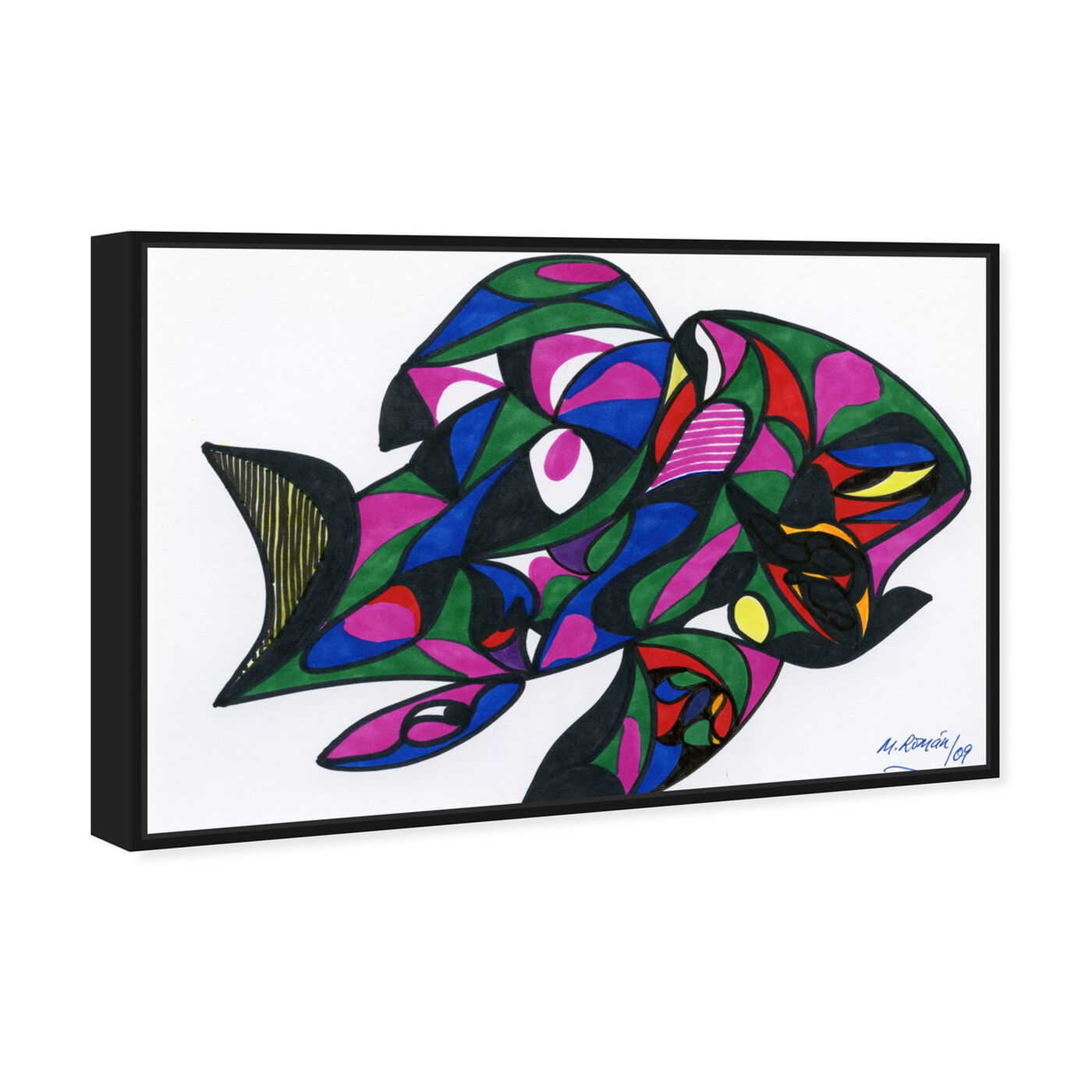 Angled view of Colorful Goldfish featuring abstract and geometric art.