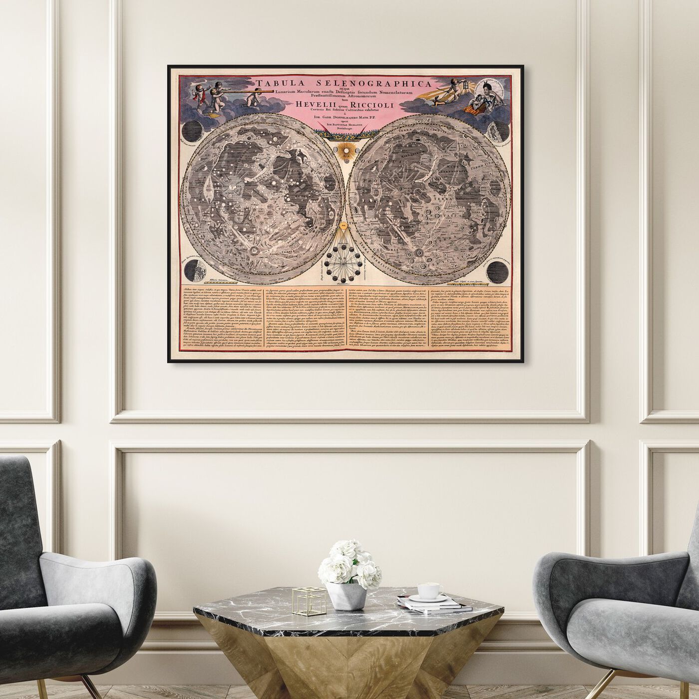 Hanging view of Tabula Selenographica featuring maps and flags and world maps art.