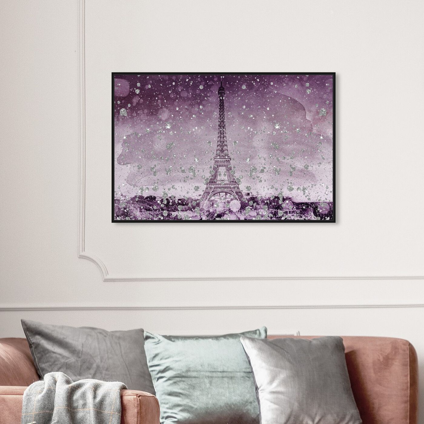 Hanging view of Eiffel Glitter Plum featuring cities and skylines and european cities art.