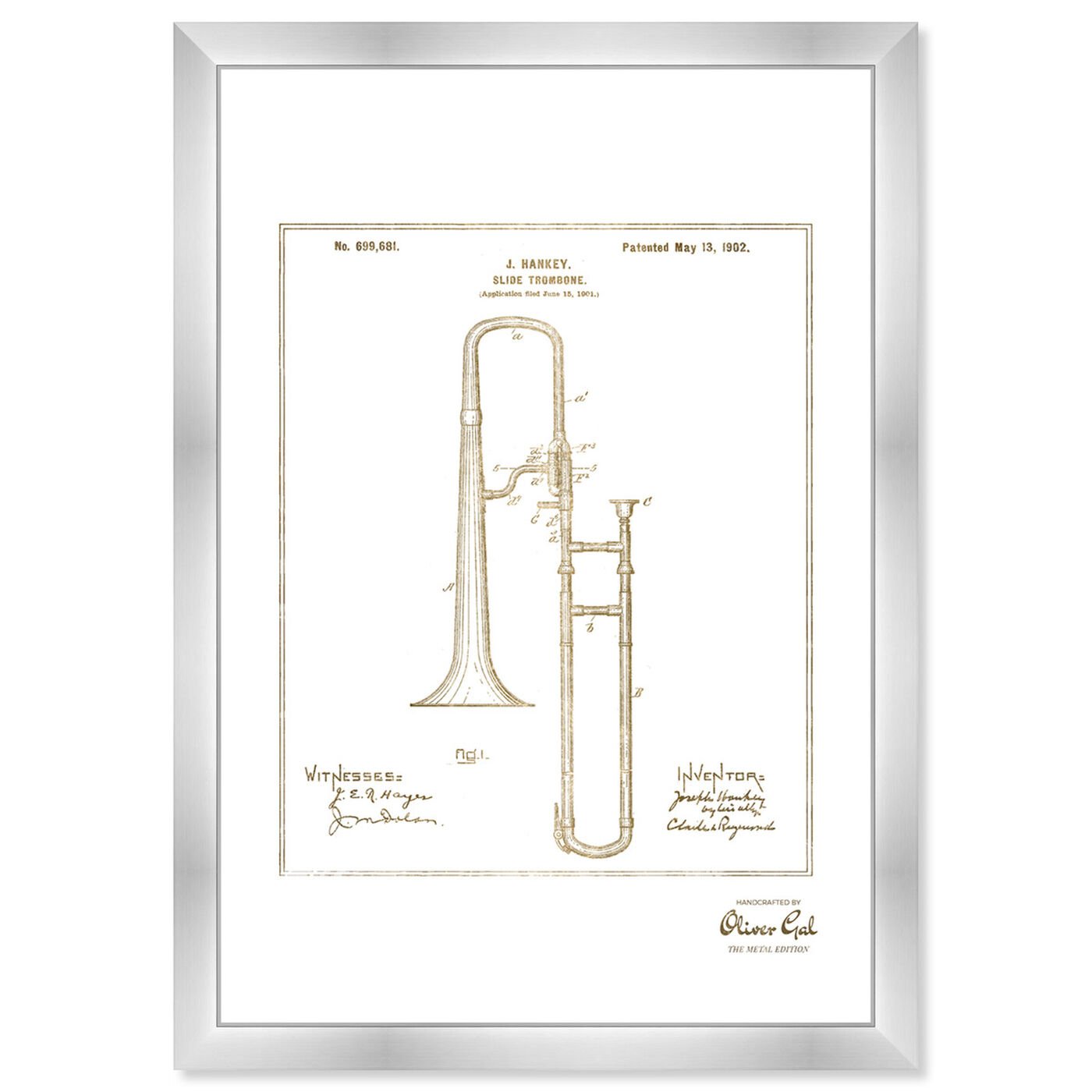 Front view of Trombone Musical Instrument 1902 II Gold featuring music and dance and music instruments art.