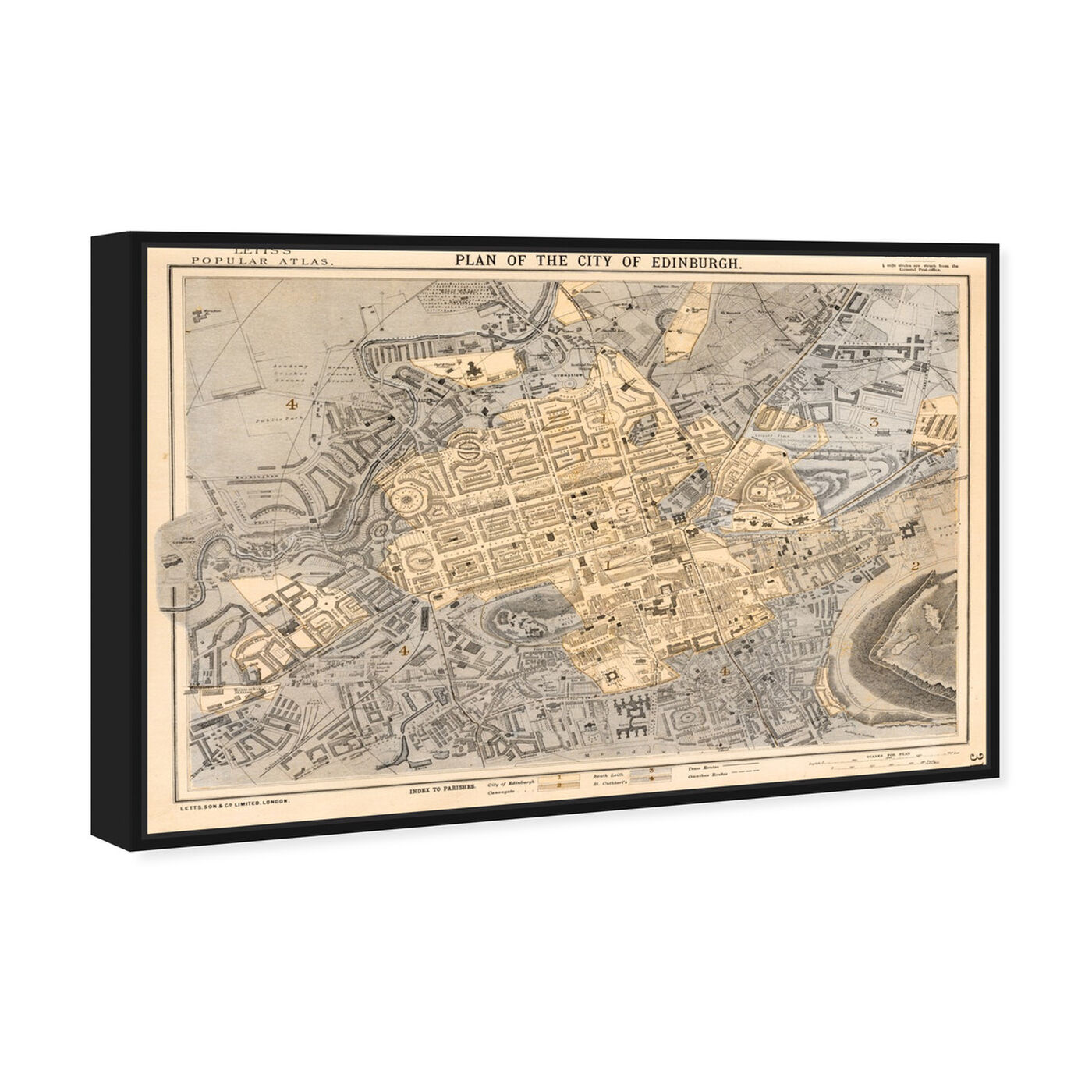 Angled view of Edinburgh 1883 Map featuring maps and flags and european cities maps art.