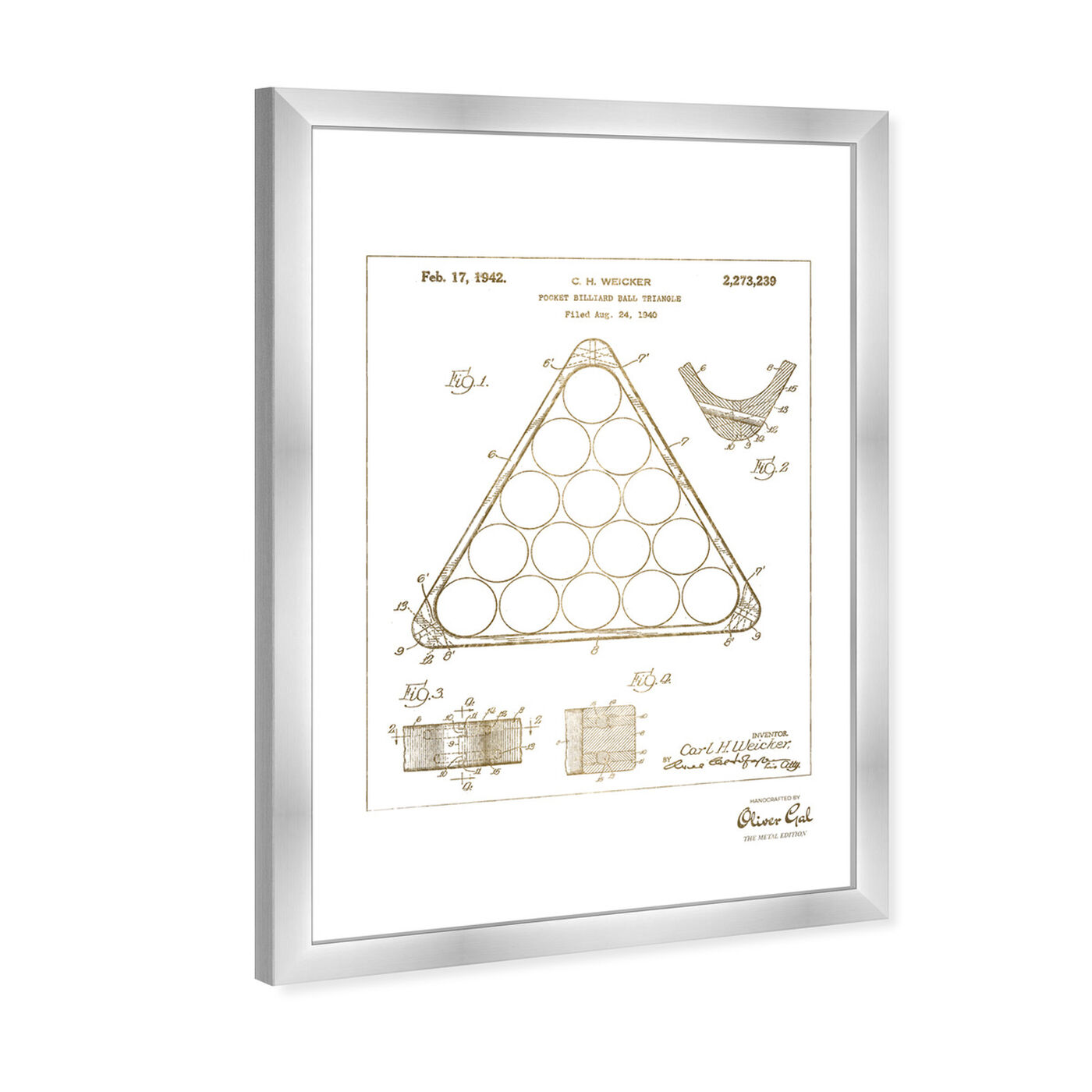 Angled view of Pocket Billiard Ball Triangle 1942 Gold featuring entertainment and hobbies and billiards art.