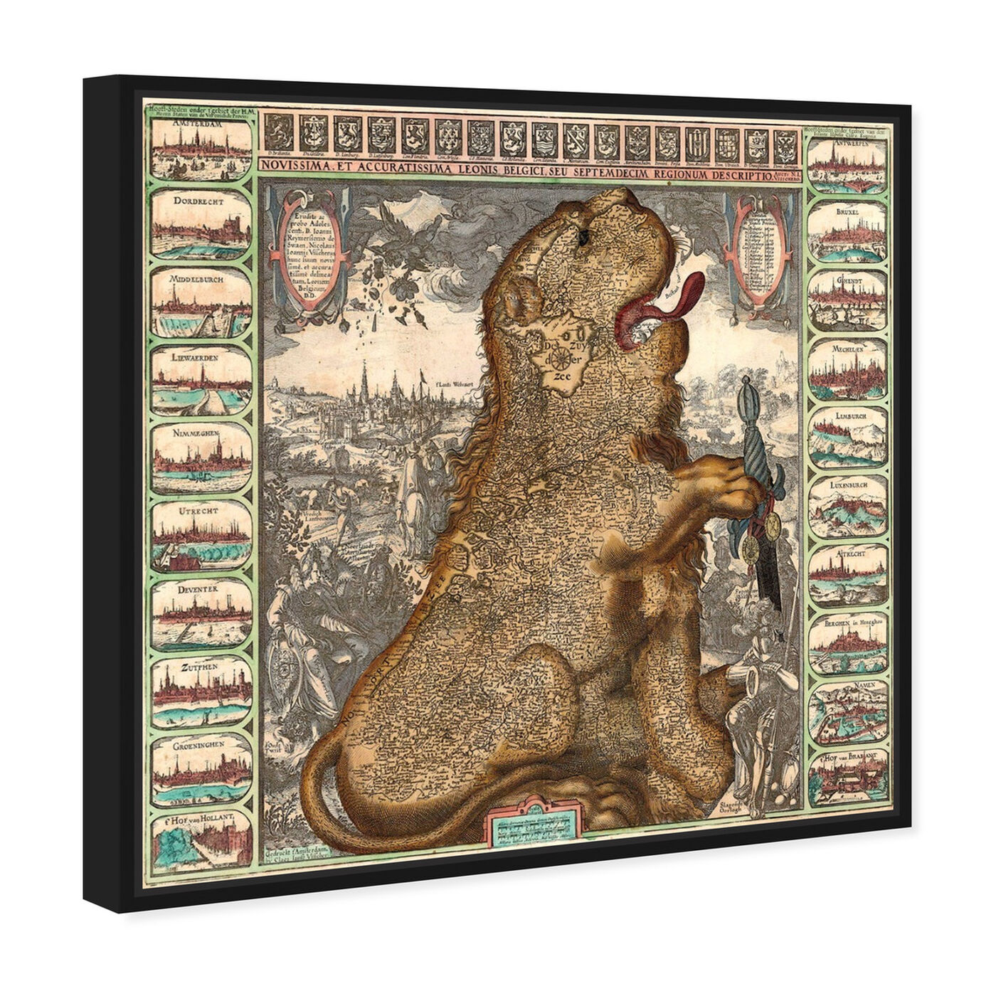 Angled view of Dutch Lion 1609 Map featuring maps and flags and european countries maps art.