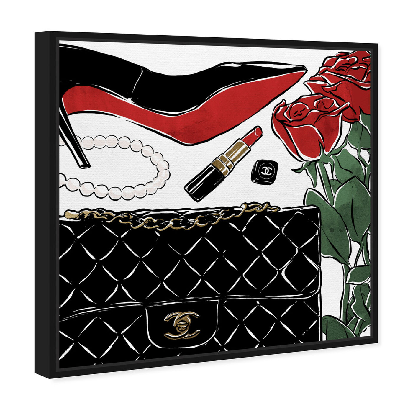 Angled view of Red Roses and Black Purses featuring fashion and glam and shoes art.