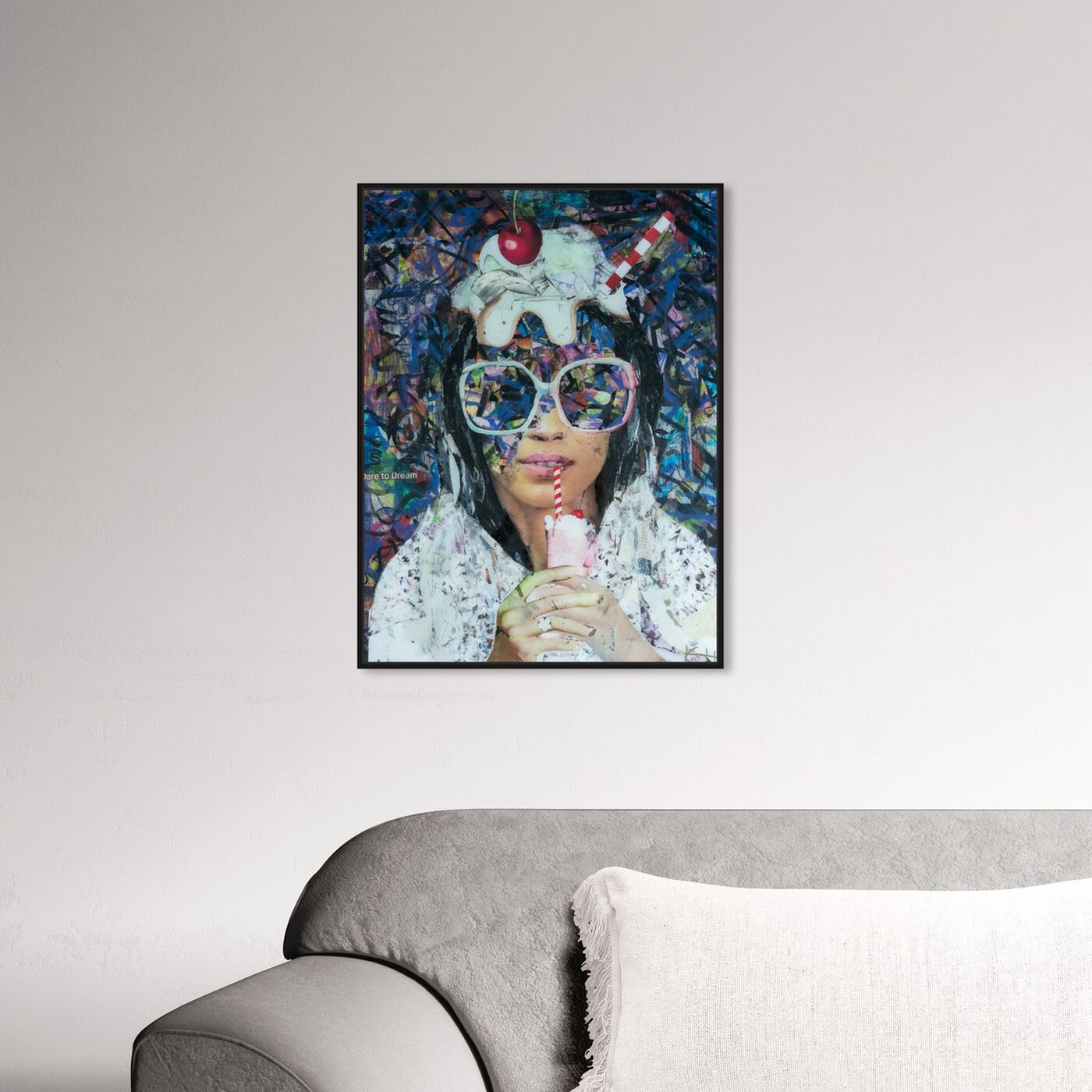 Hanging view of Milkshake Collage by Katy Hirschfeld featuring fashion and glam and portraits art.