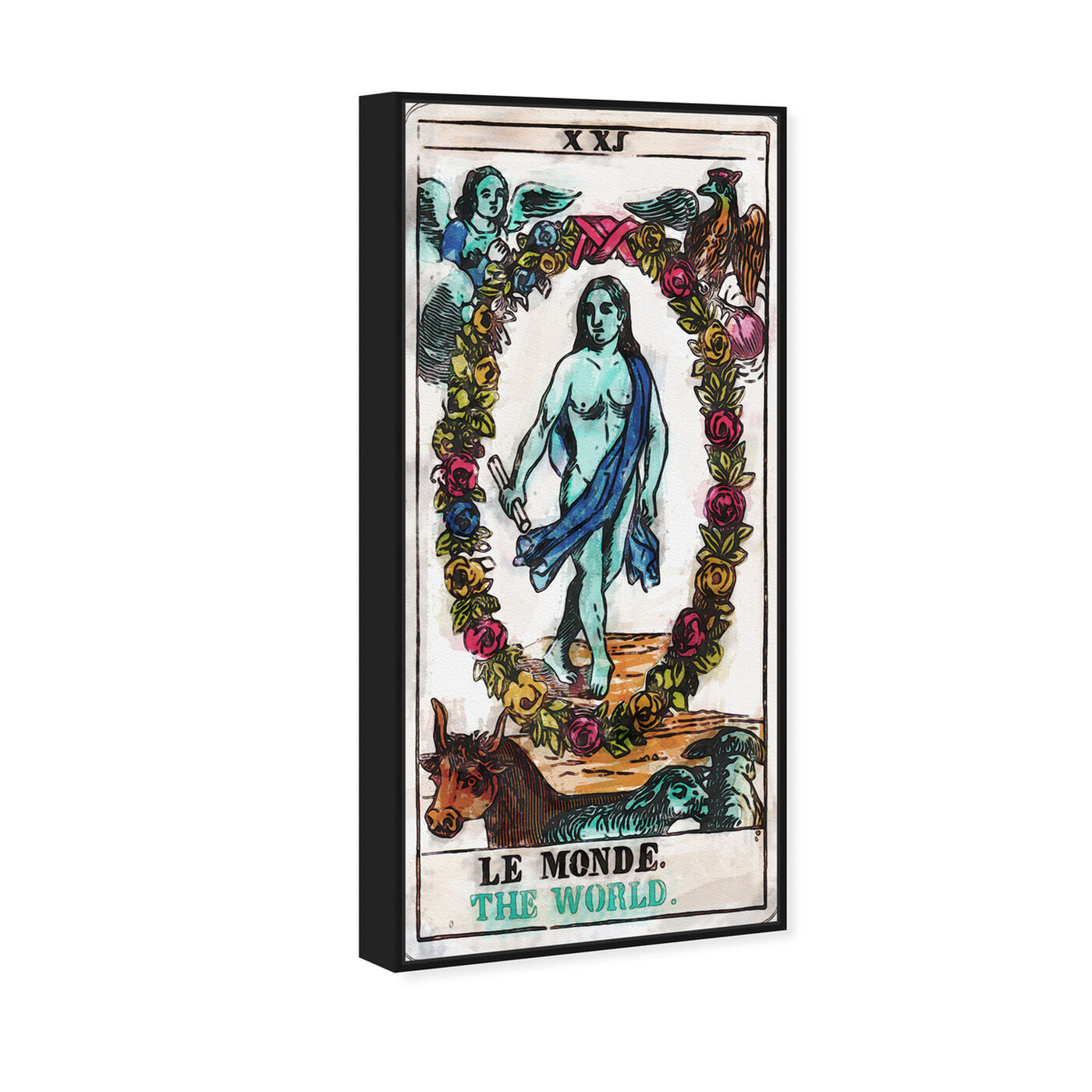 Angled view of Tarot Le Monde featuring spiritual and religious and zodiac art.