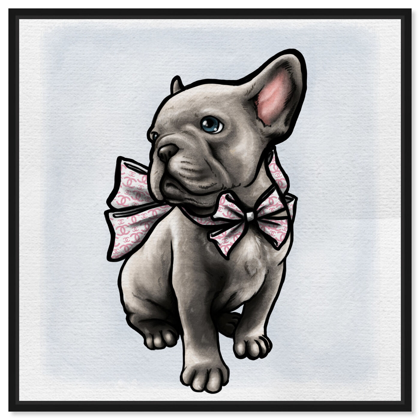 Front view of Frenchie with Bow featuring animals and dogs and puppies art.