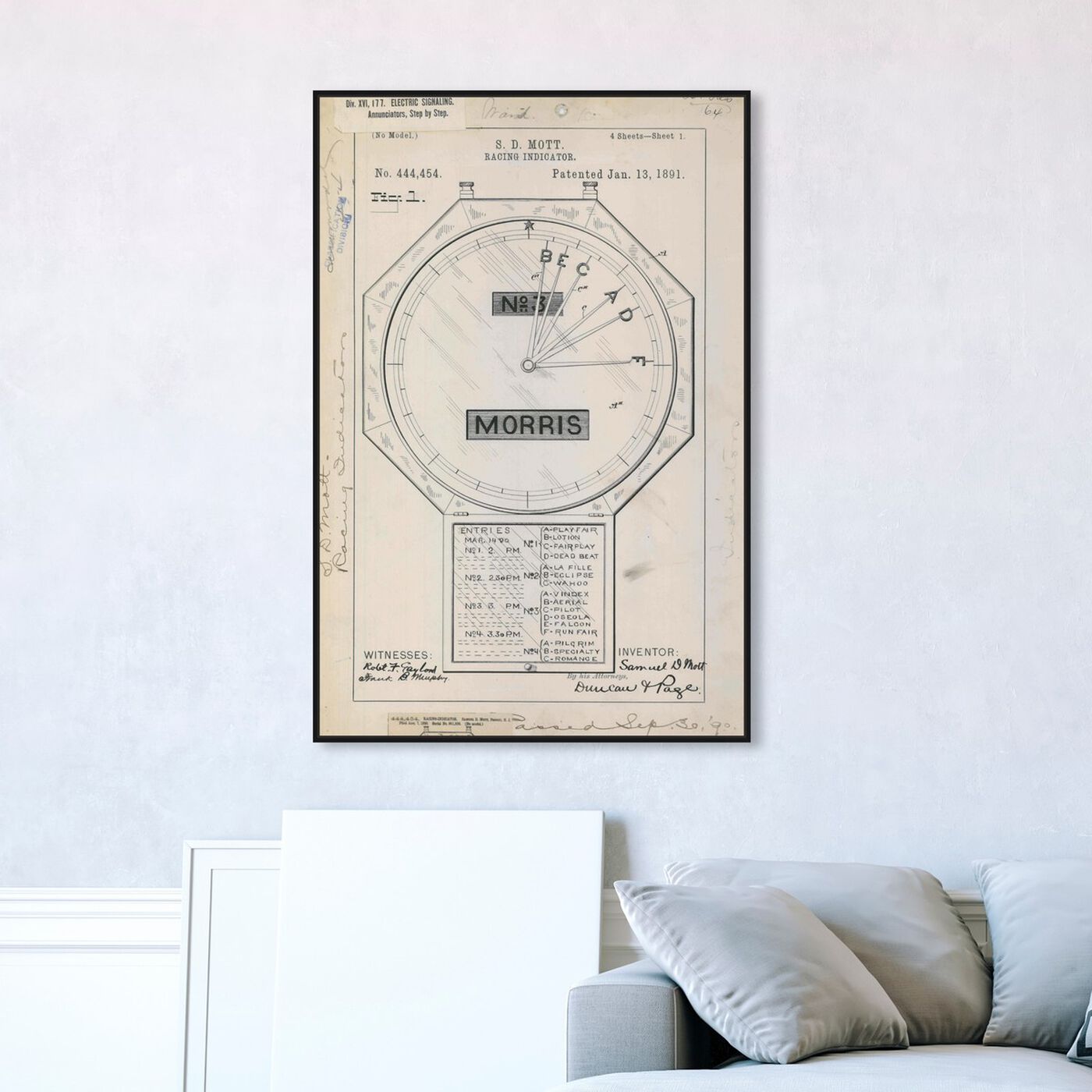 Hanging view of Mott's Racing Indicator 1891 featuring transportation and racing cars art.