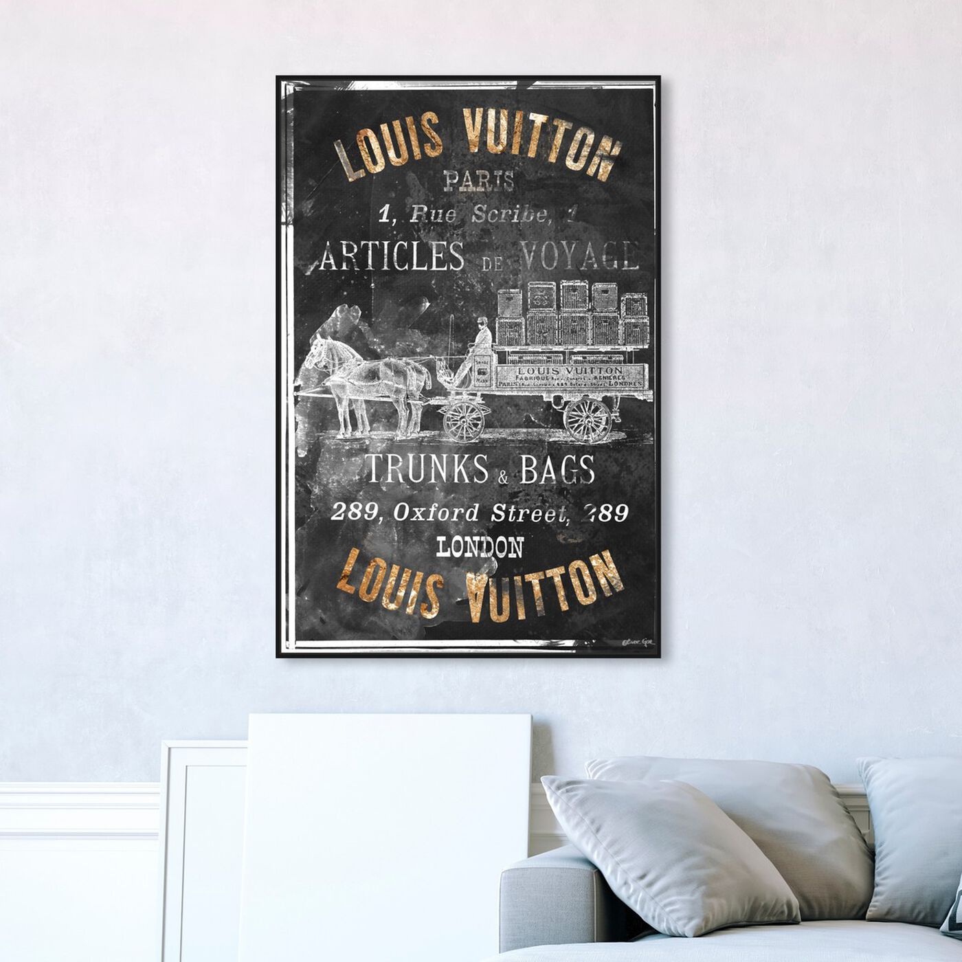 Hanging view of Articles de Voyage Gold featuring fashion and glam and road signs art.