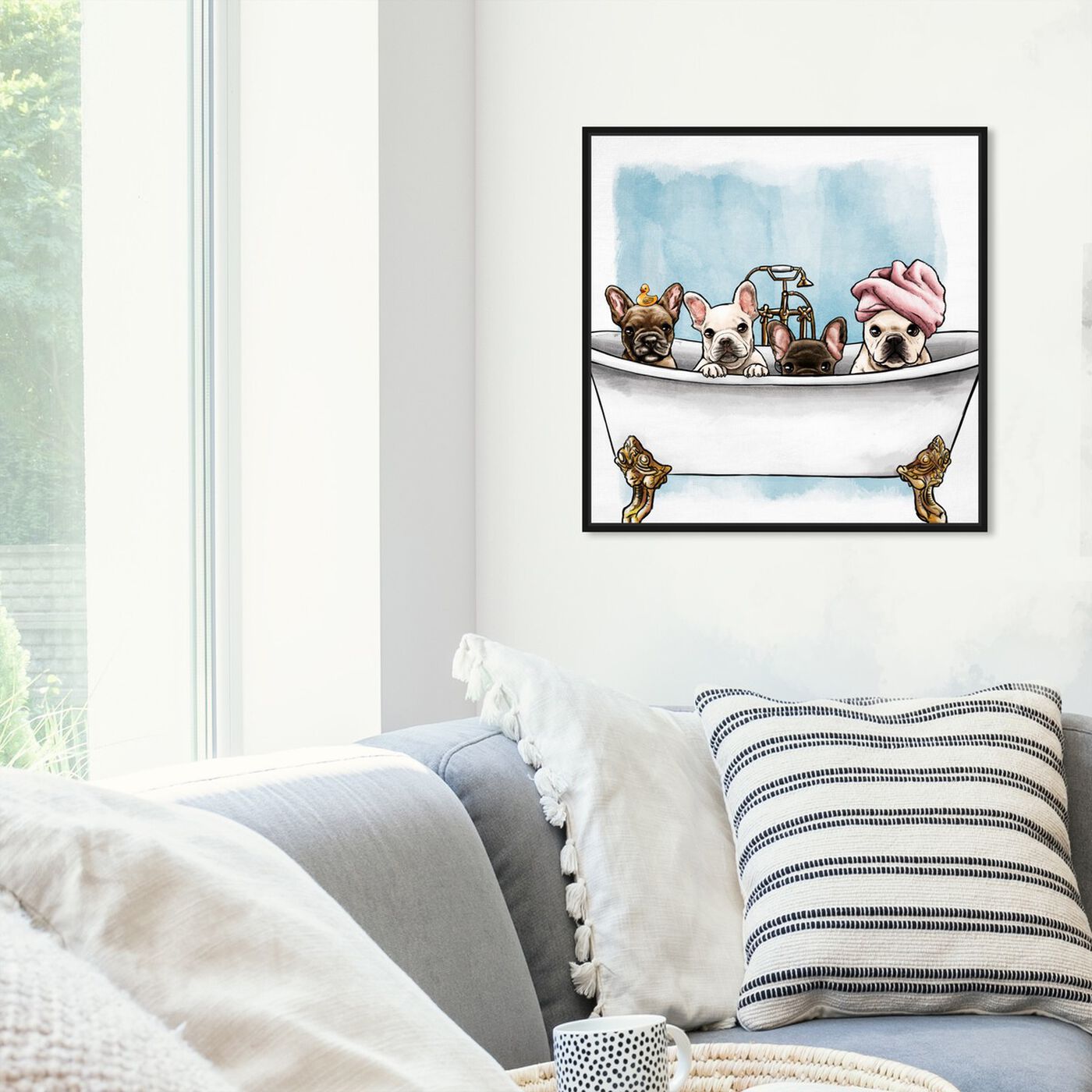 Hanging view of Frenchies In The Tub featuring animals and dogs and puppies art.
