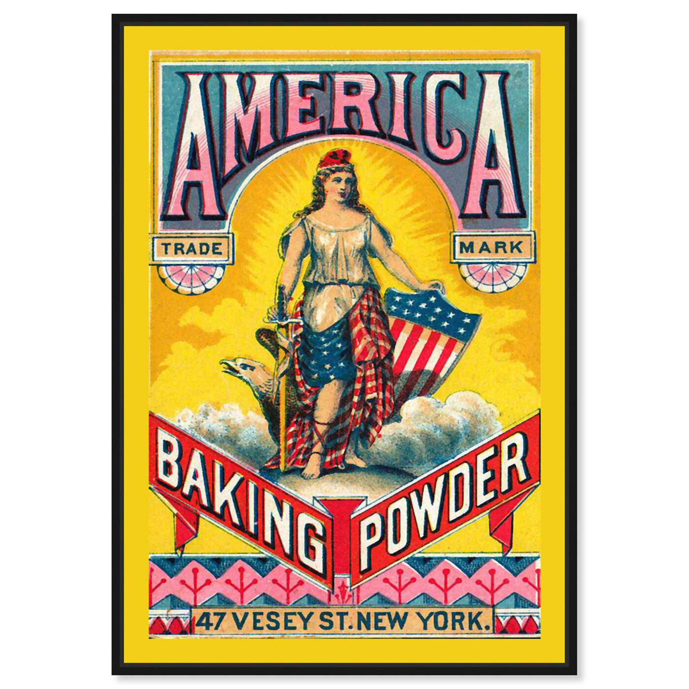 Front view of America Baking Powder featuring advertising and promotional brands art.