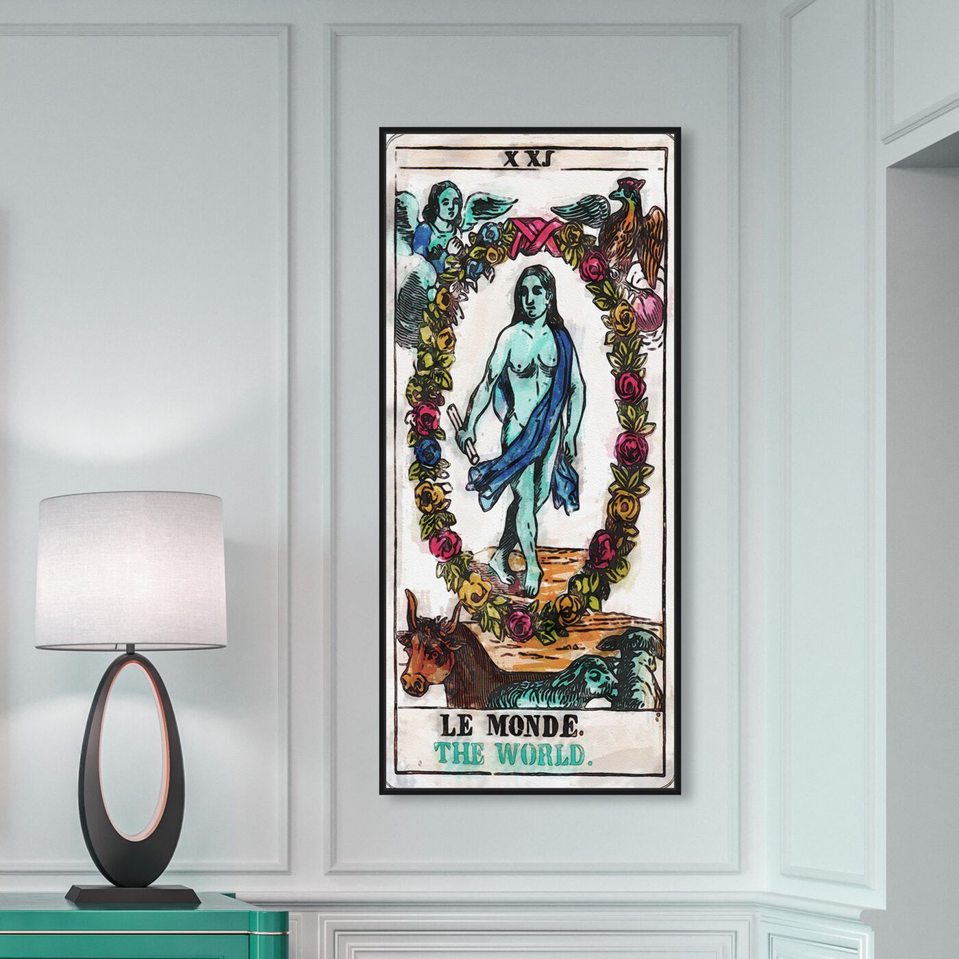 Hanging view of Tarot Le Monde featuring spiritual and religious and zodiac art.