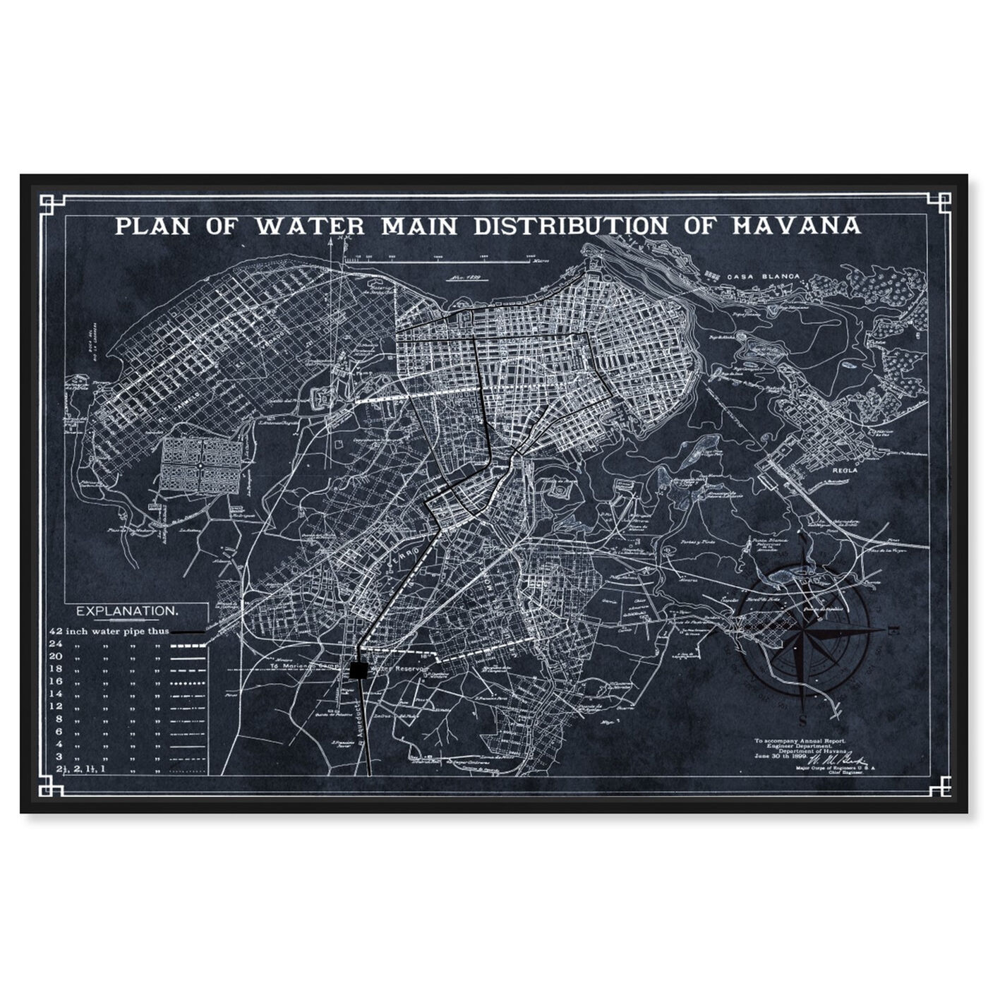 Front view of Map of Havana Water Distribution 1899 featuring maps and flags and american countries maps art.