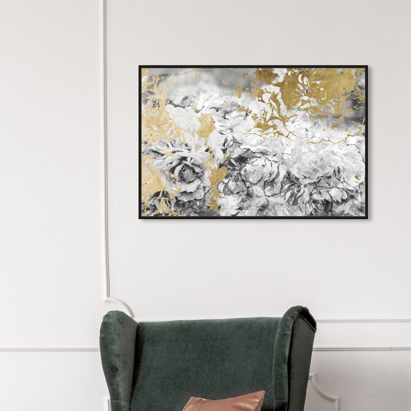 Hanging view of Silver and Gold Camellias featuring abstract and flowers art.