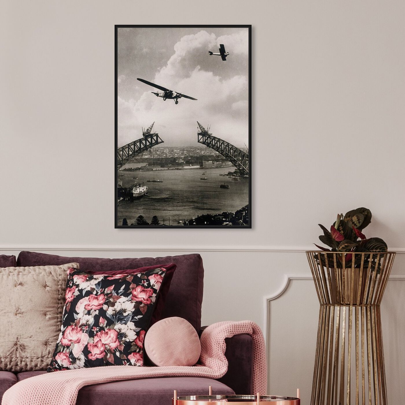 Hanging view of Sydney Harbour Bridge - The Art Cabinet featuring transportation and airplanes art.