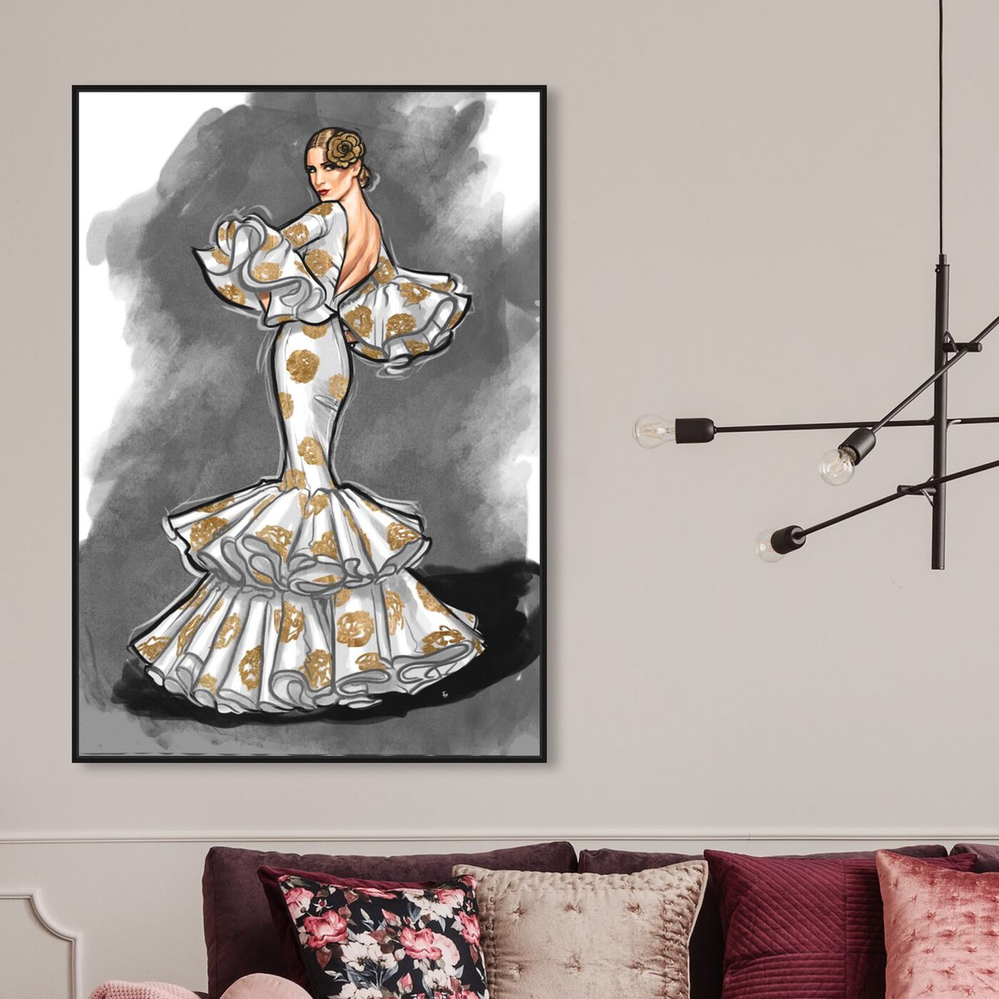 Hanging view of Flamenco Noir II featuring fashion and glam and dress art.
