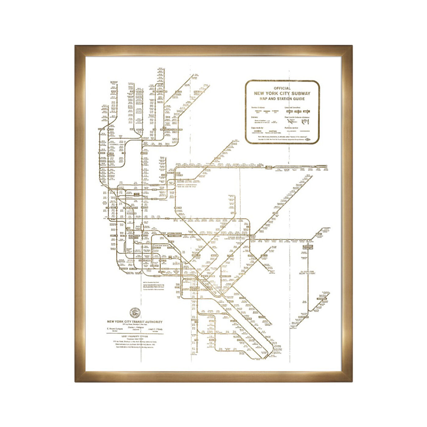 New York Subway Map 1958- Gold Metallic