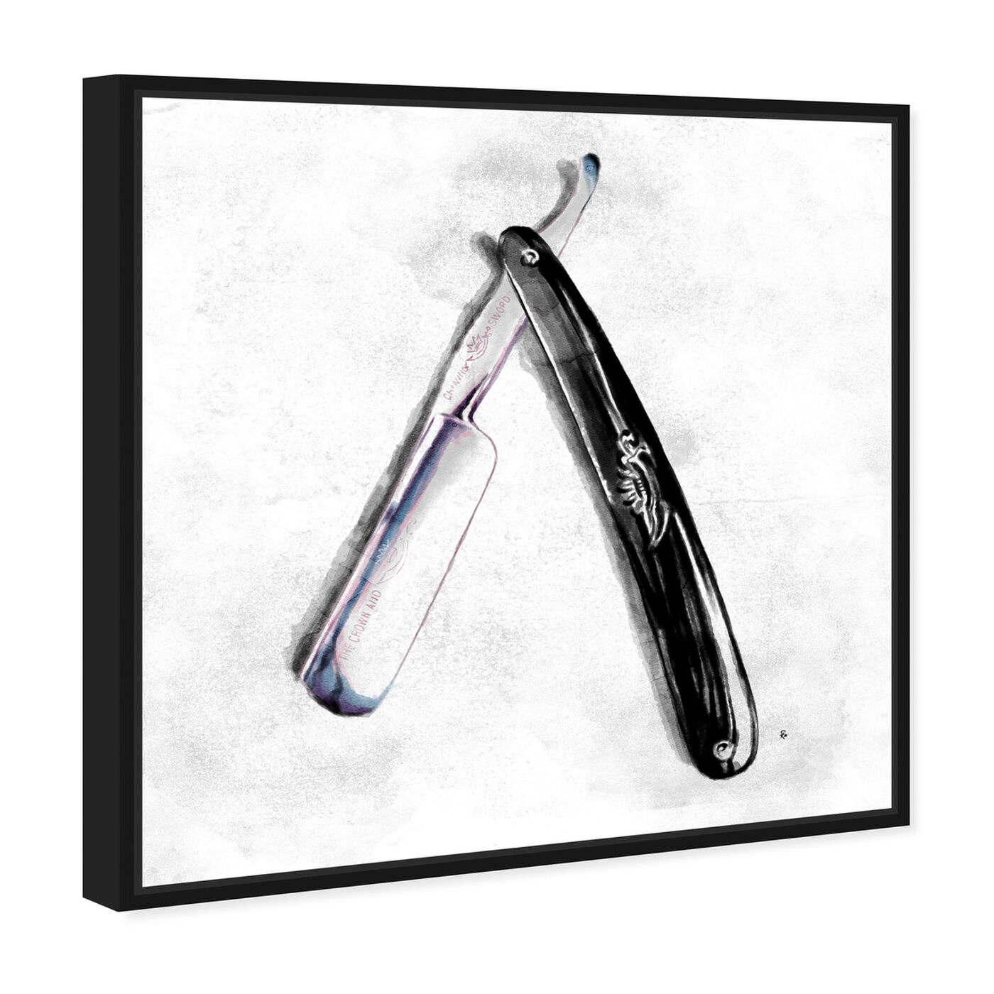 Angled view of Straight Razor 2 featuring bath and laundry and barber art.
