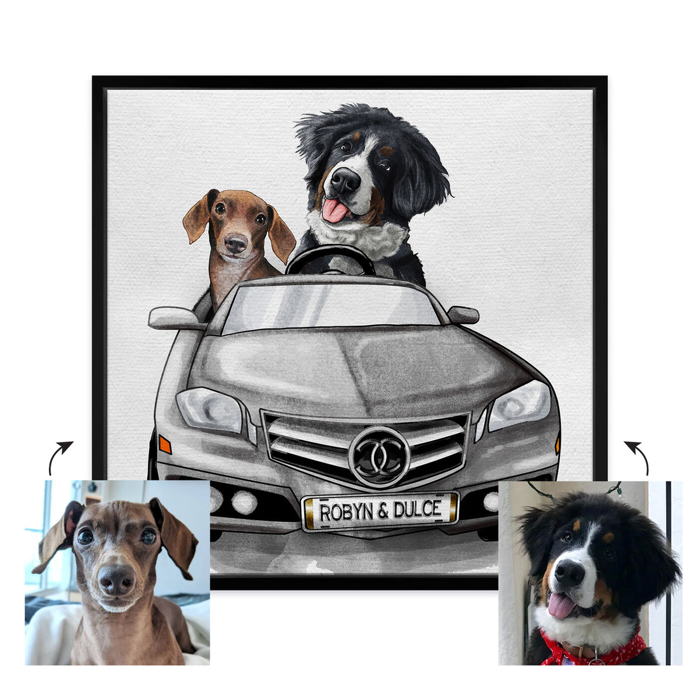 Front view of Luxury Car Duo featuring fashion and glam and dogs and puppies art.